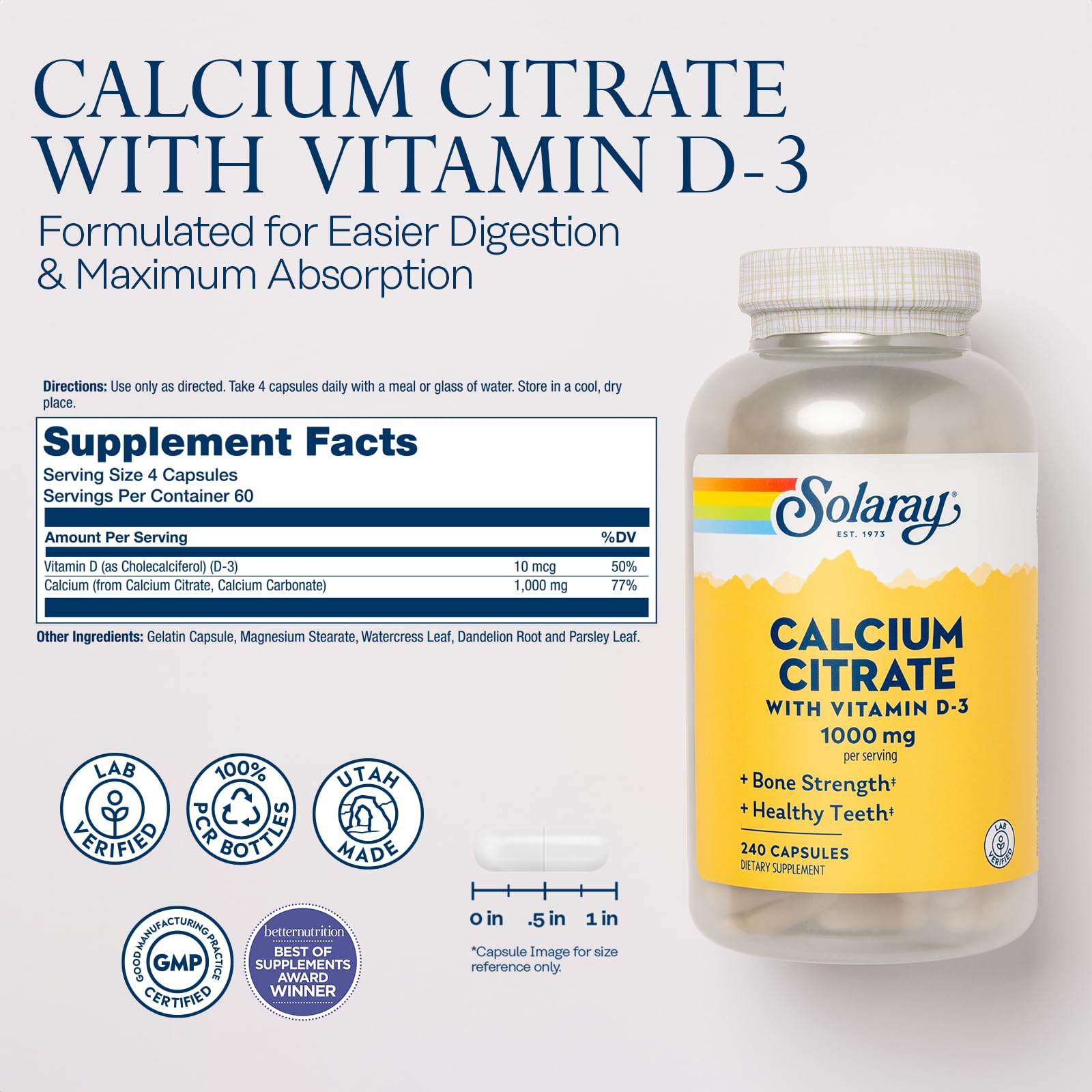 Etiqueta del producto muestra calcio 1000 mg y vitamina D3 para absorción eficaz.