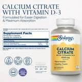 SOLARAY Calcio Citrato con D3, etiqueta clara para uso diario en dientes sanos.