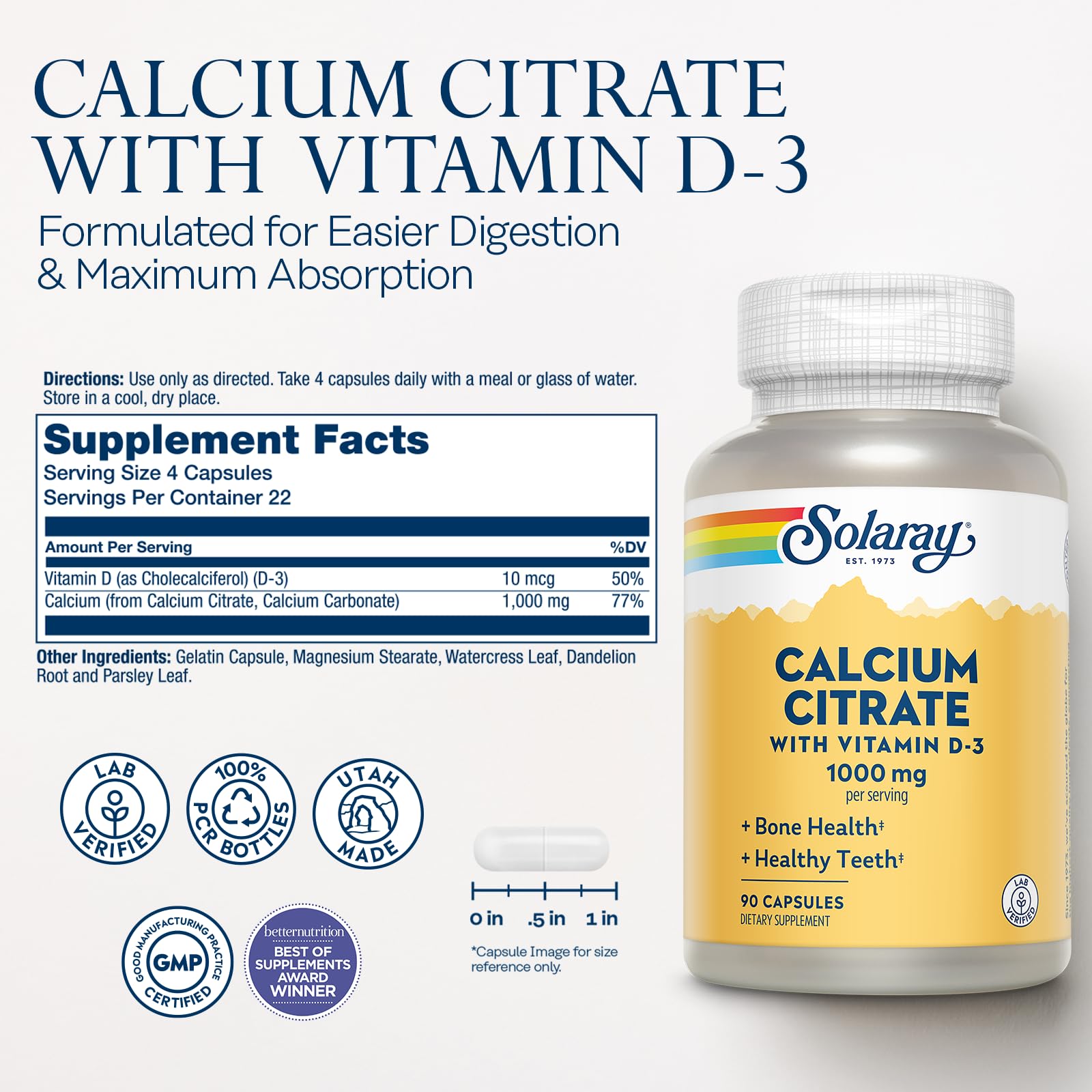 SOLARAY etiqueta del producto con calcio citrato D3 y beneficios clave