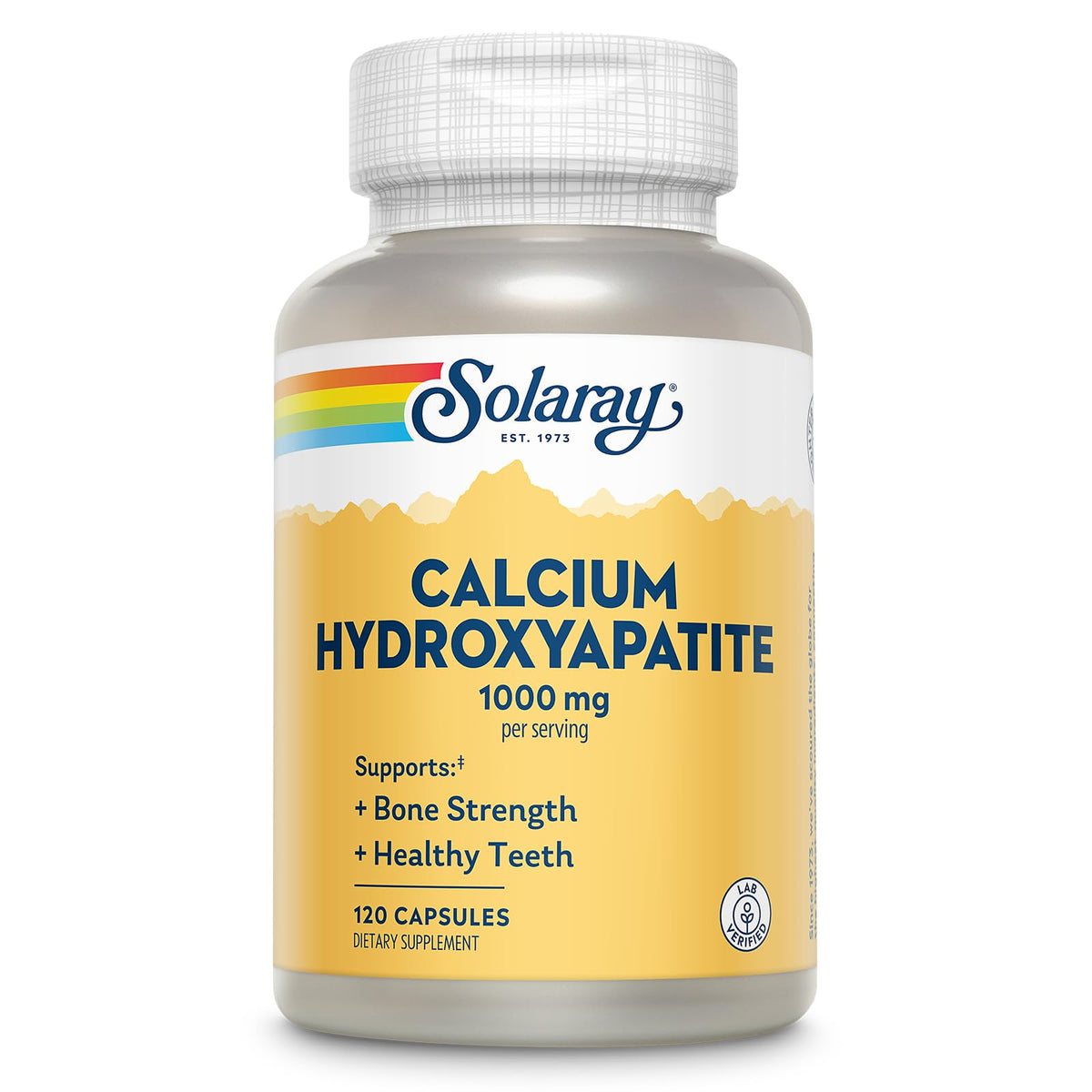 SOLARAY calcio hydroxiapatita, botella de cápsulas, apoyo a huesos fuertes y dientes sanos.