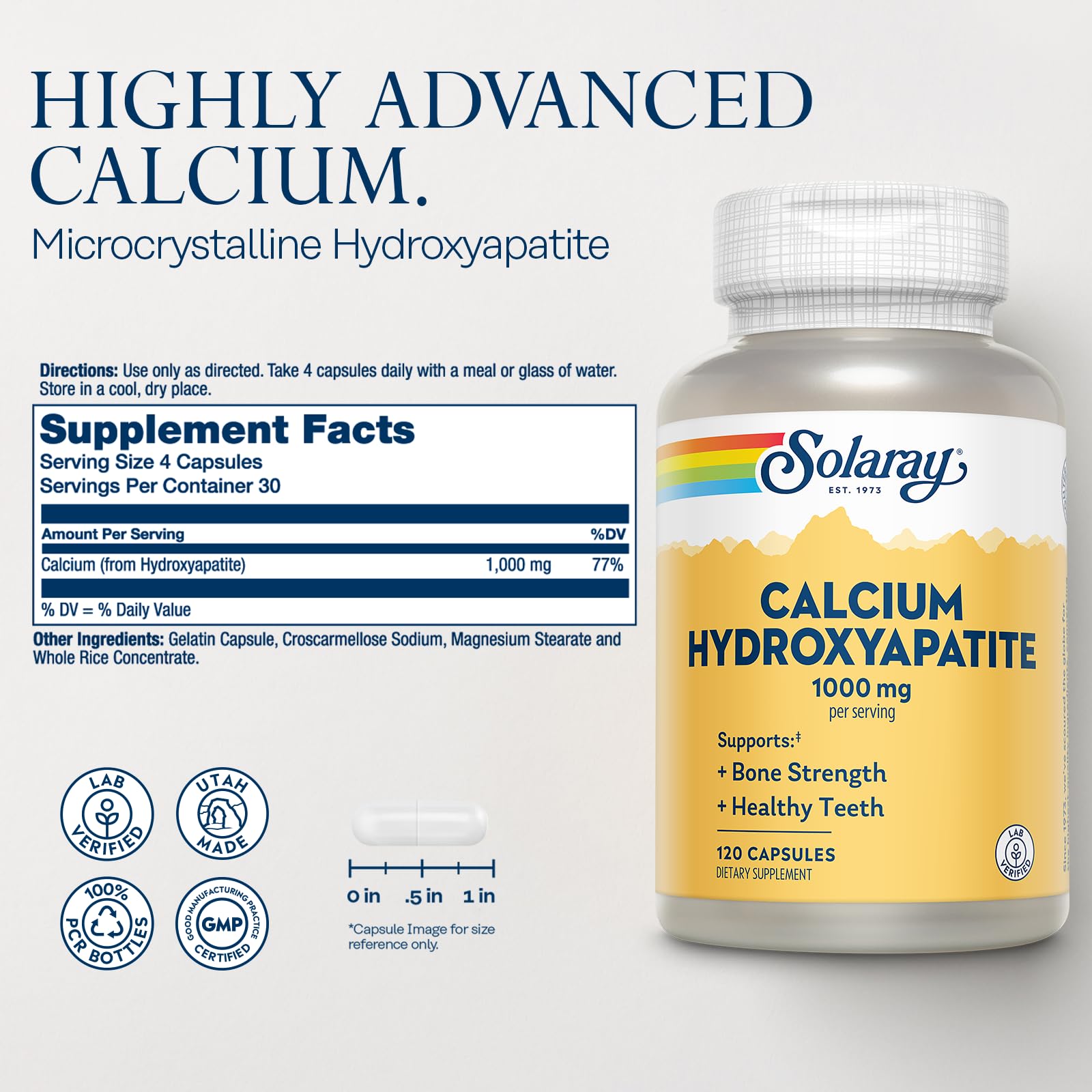 SOLARAY calcio hydroxiapatita, cápsulas apiladas, apoyo a la salud ósea.