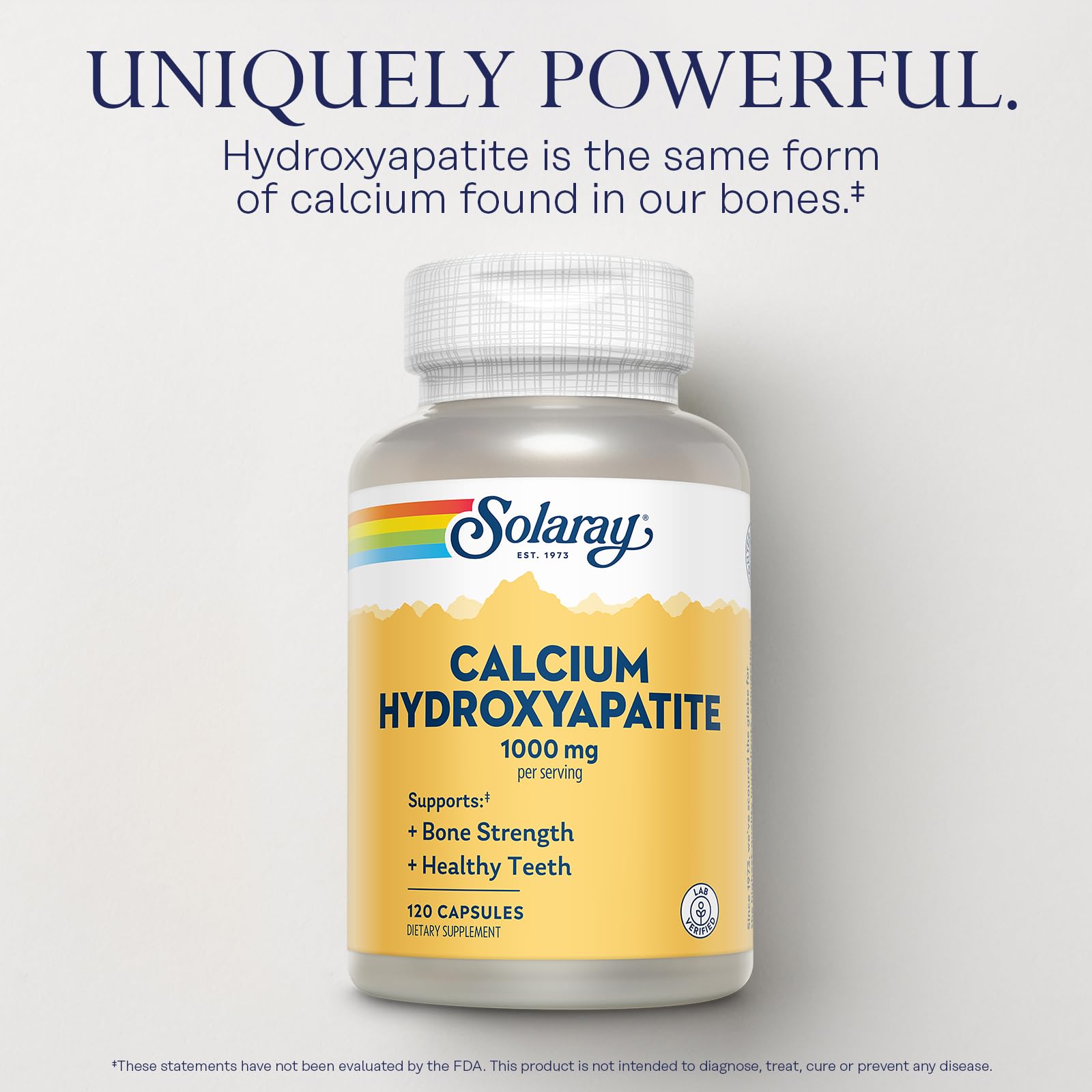 SOLARAY calcio hydroxiapatita, etiqueta frontal clara, muestra la dosis diaria recomendada.