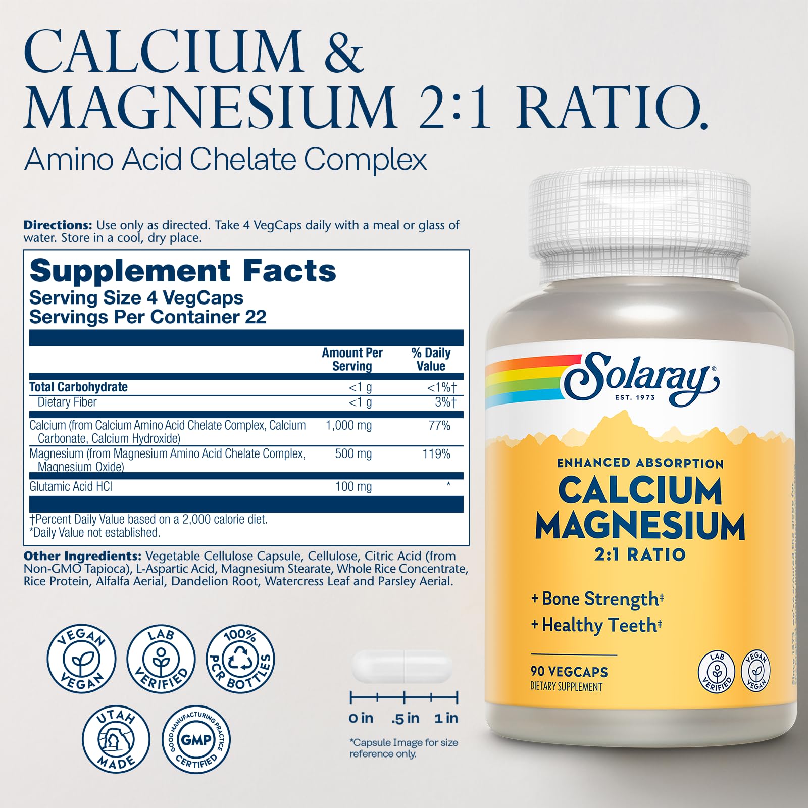 SOLARAY Calcio Magnesio: etiqueta de calidad que destaca ingredientes y pureza.