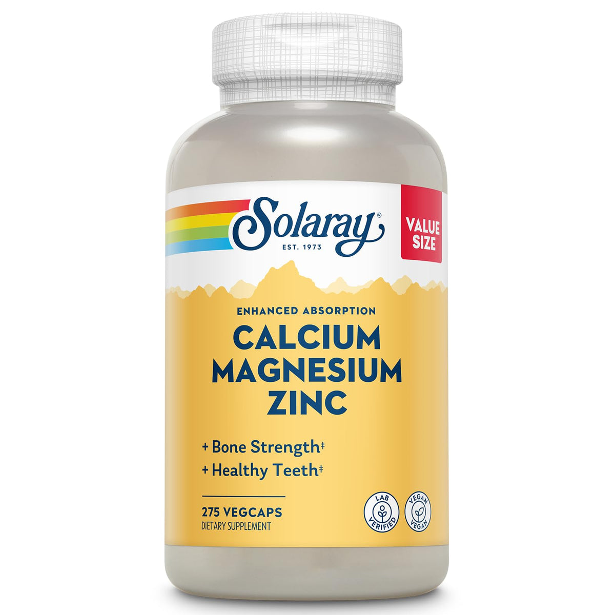 SOLARAY Calcio Magnesio Zinc - bote frontal, apoyo potencial a la salud ósea y muscular