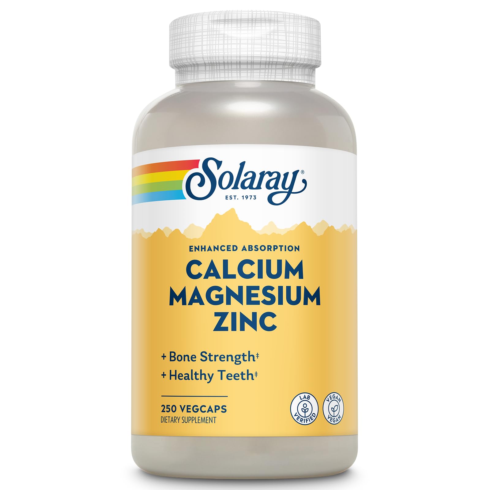 SOLARAY Calcium Magnesium Zinc: botella y cápsulas para apoyar la salud ósea.