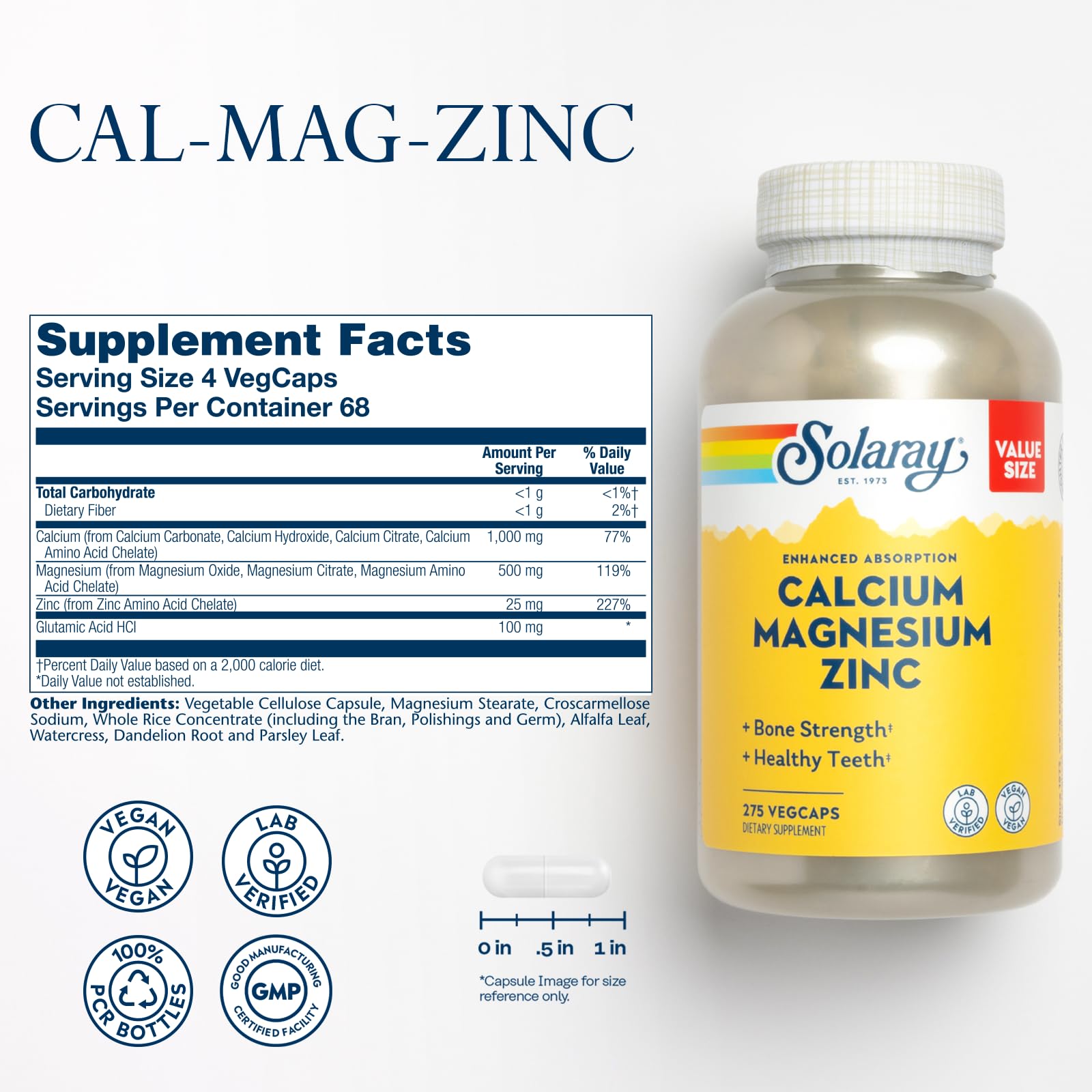 SOLARAY Calcio Magnesio Zinc - etiqueta de la botella, visión clara de ingredientes y beneficios