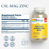 SOLARAY Calcio Magnesio Zinc - etiqueta de la botella, visión clara de ingredientes y beneficios