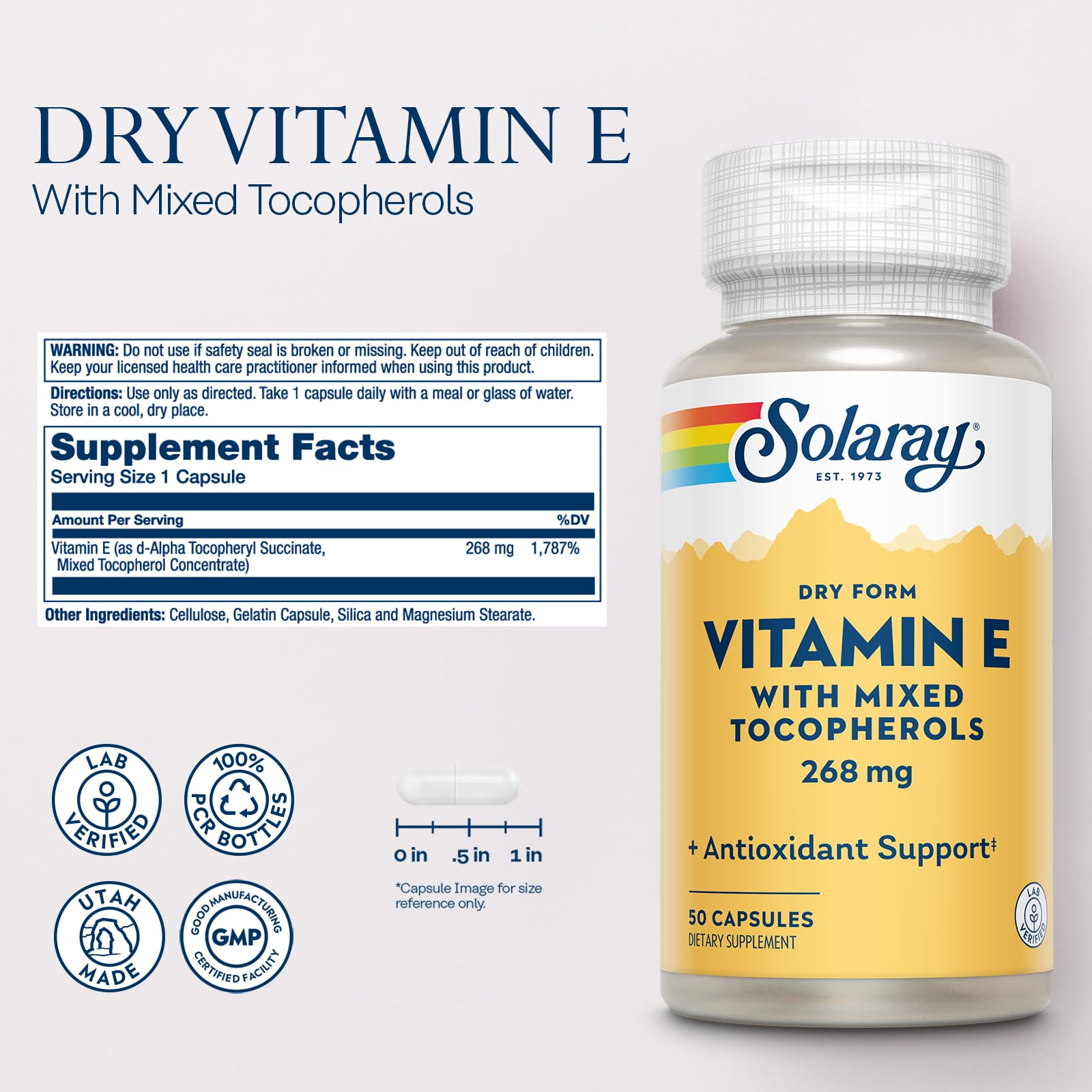 SOLARAY cápsula seca sin aceites, dosis de vitamina E para uso diario.
