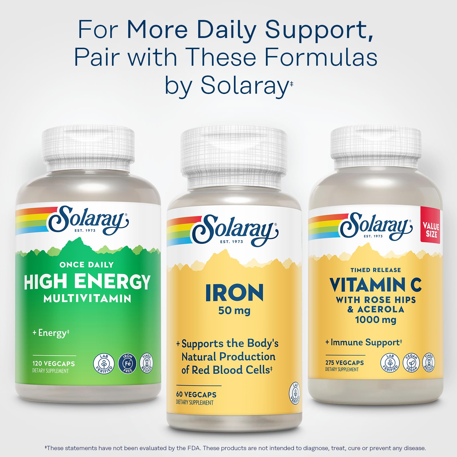 SOLARAY cápsulas para uso diario de hierro y energía.