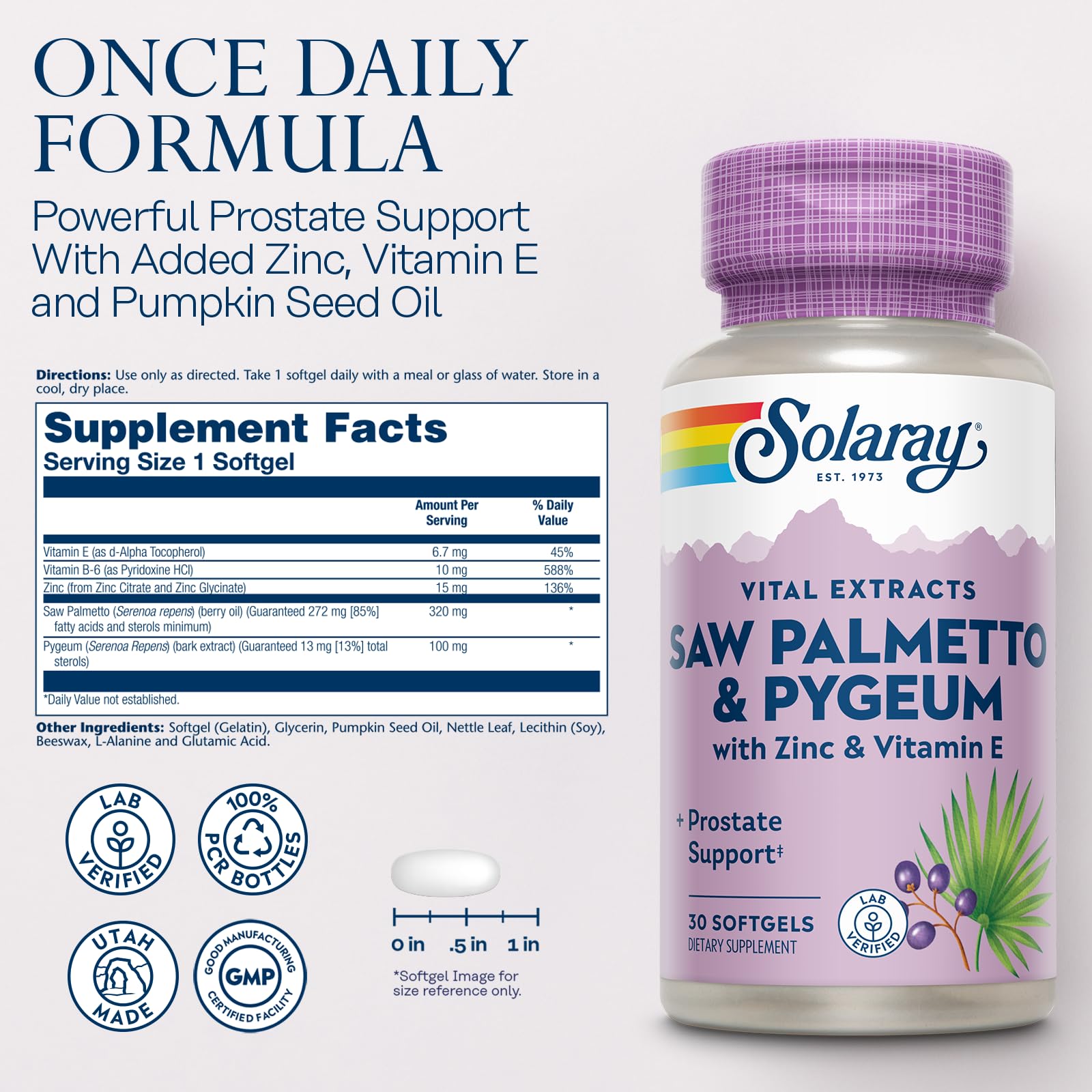 SOLARAY Saw Palmetto y Pygeum, cápsulas visibles, nutrientes clave para el cuidado prostático.