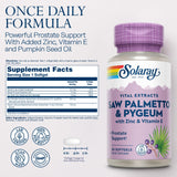 SOLARAY Saw Palmetto y Pygeum, cápsulas visibles, nutrientes clave para el cuidado prostático.