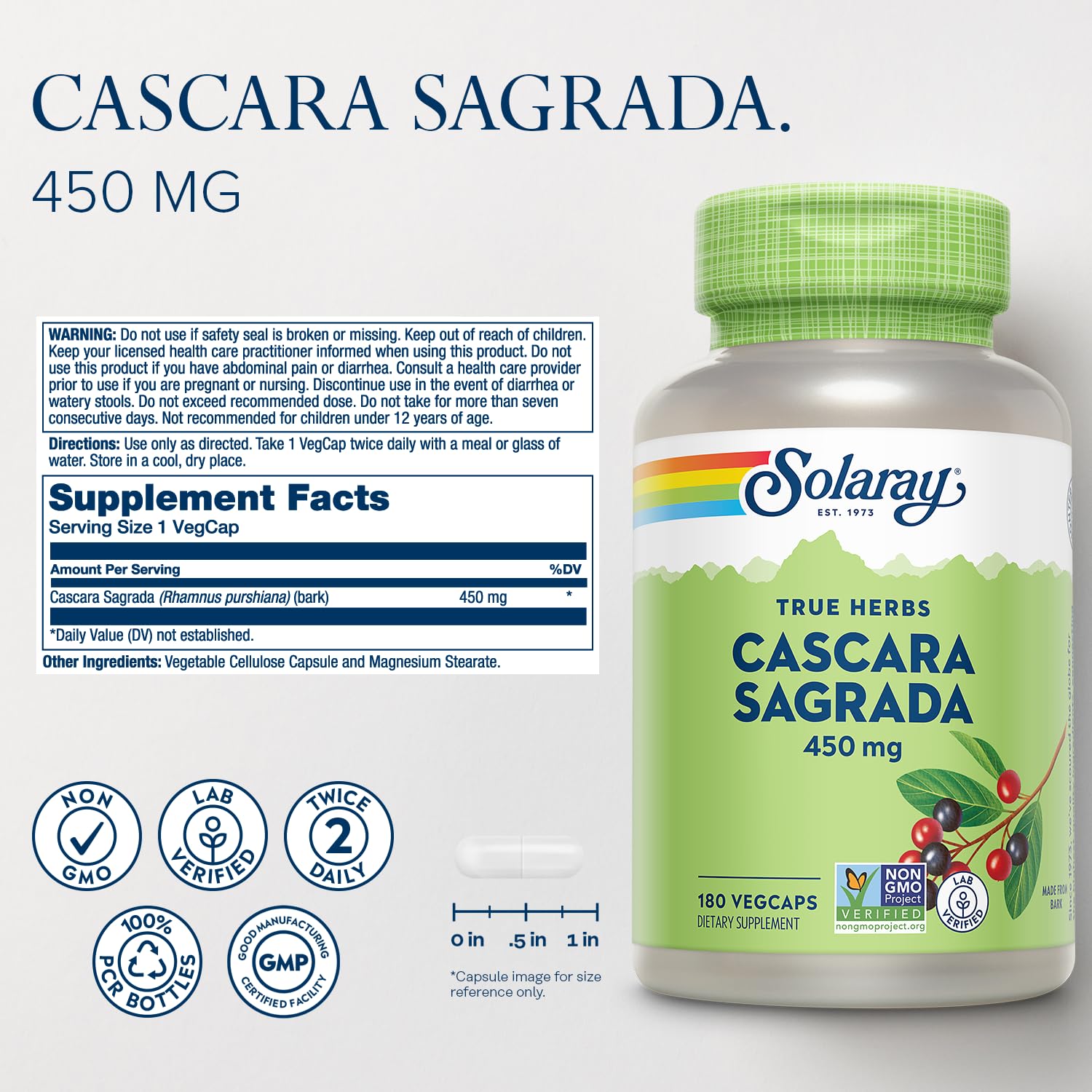 SOLARAY Cascara Sagrada cápsulas, etiqueta legible para confirmar dosis
