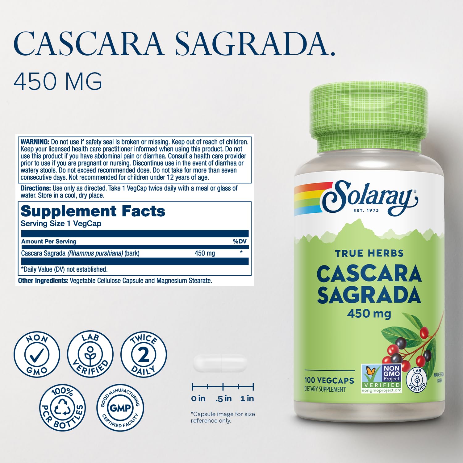 SOLARAY Cascara Sagrada, etiqueta cerca, fácil identificación y confianza en la compra.