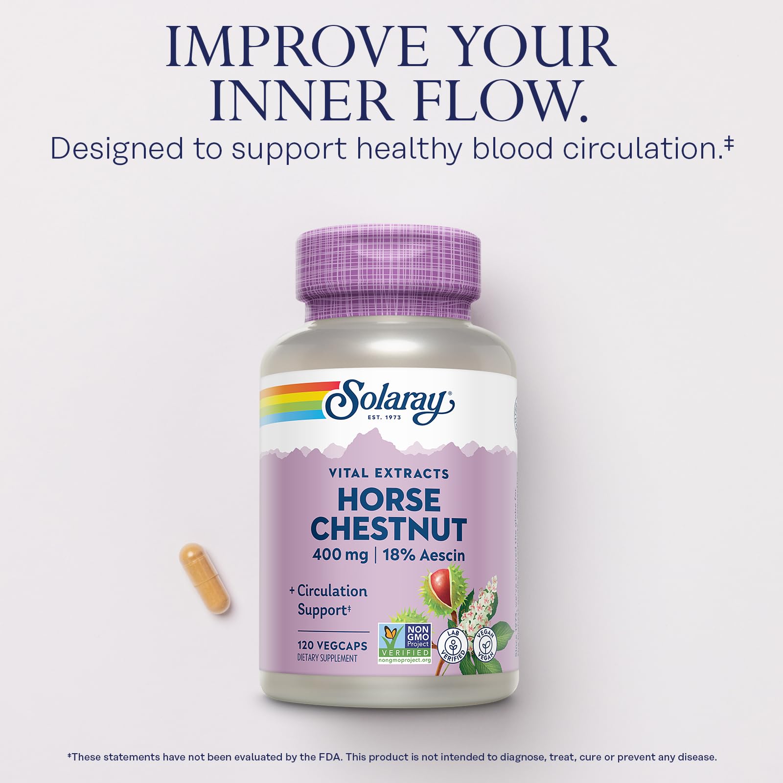SOLARAY castano de indias capsules vegetarianas primer plano uso diario para la salud venosa.