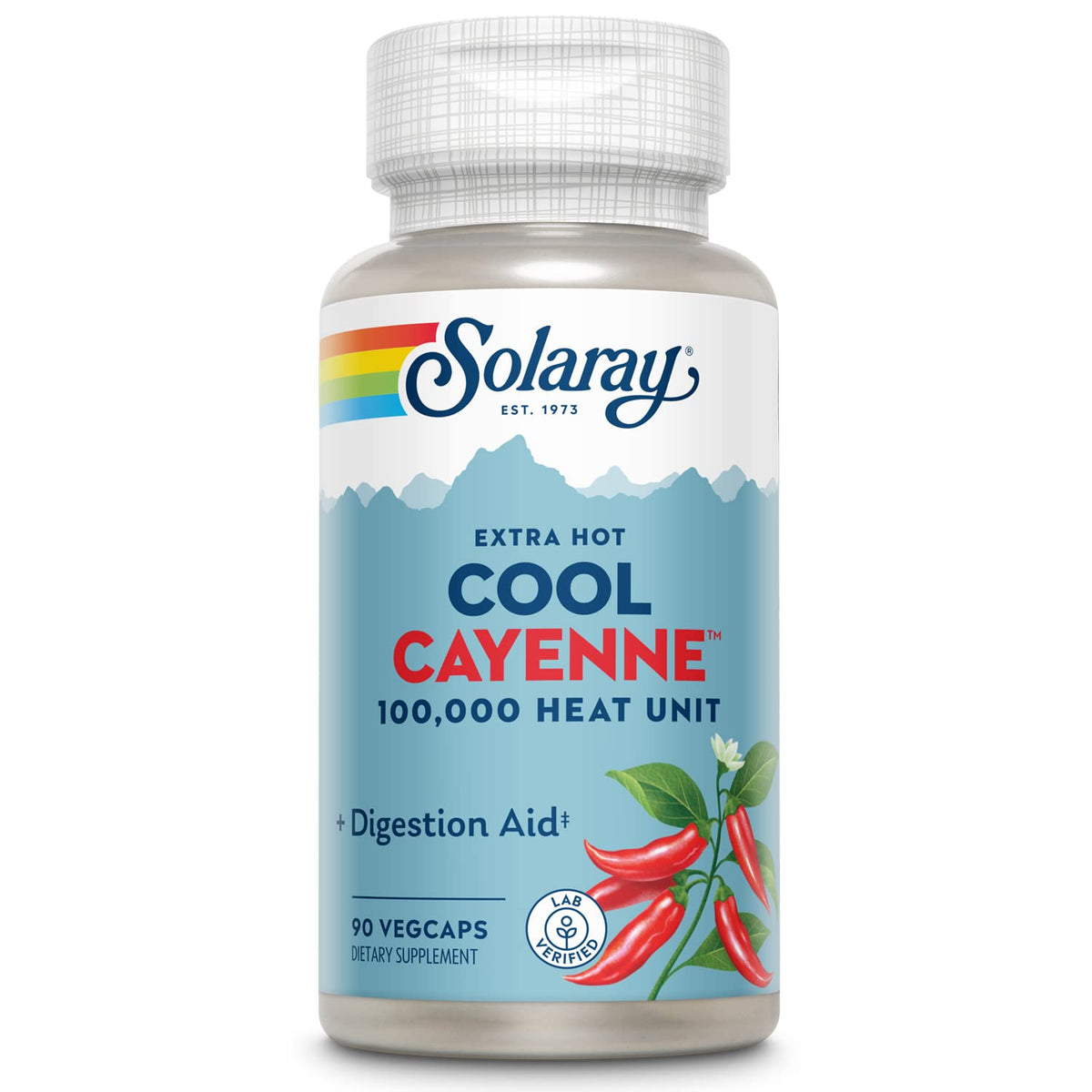 SOLARAY Cayena Extra Caliente: botella con etiqueta clara para identificar calidad y confianza.