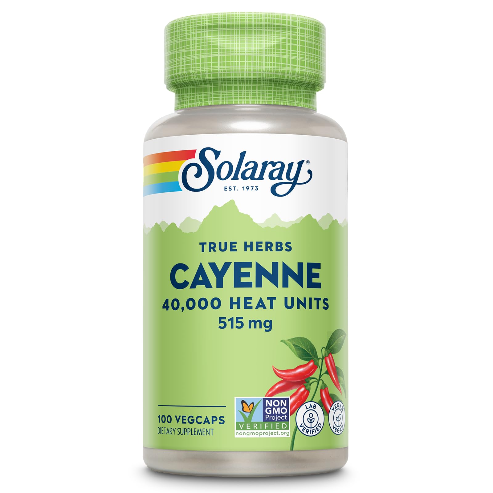 SOLARAY Cayenne cápsulas, 40,000 SHU, posible apoyo al bienestar diario.
