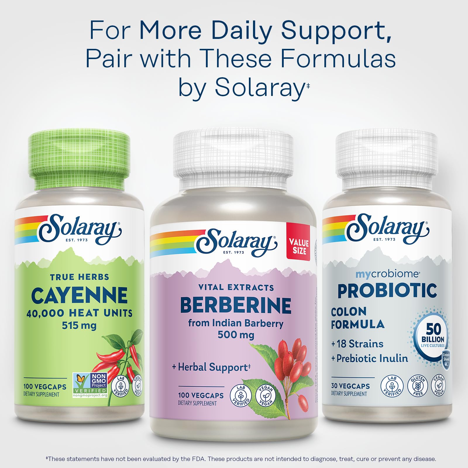 SOLARAY Cayenne cápsulas, uso diario para hábitos saludables.