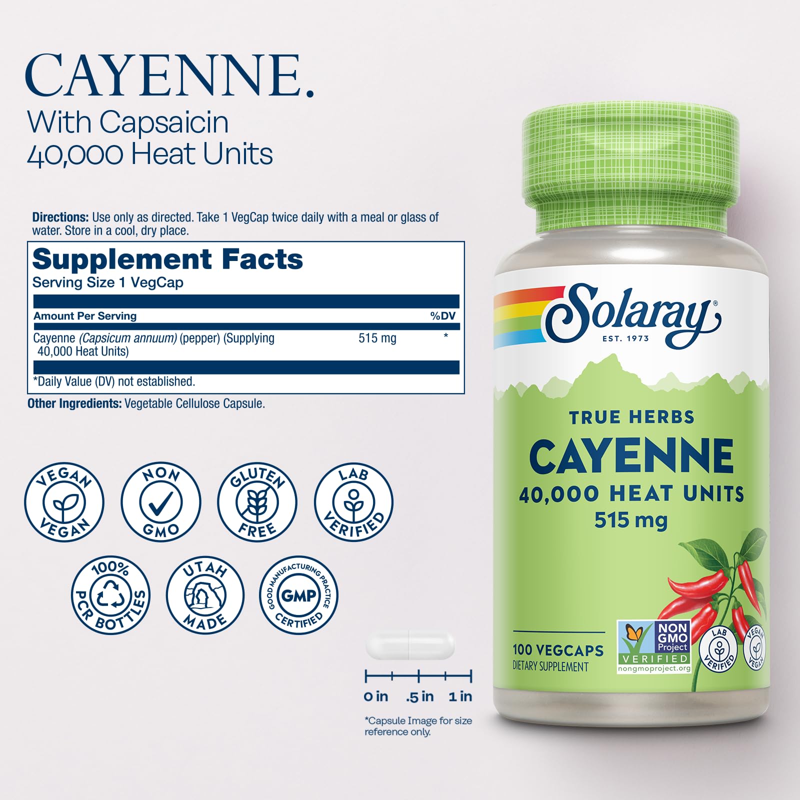 SOLARAY Cayenne cápsulas, veganas y sin gluten, opción limpia para bienestar.