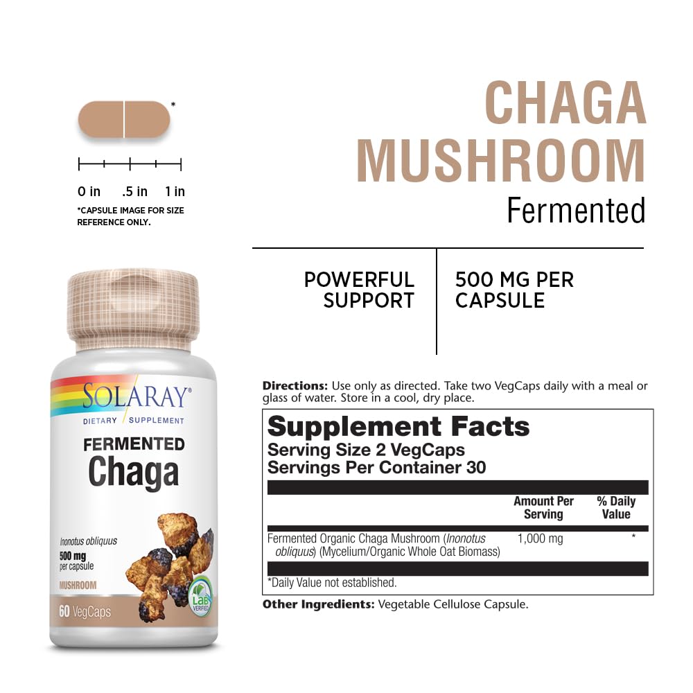 SOLARAY Chaga fermentado cápsulas veganas de 60 unidades para uso diario