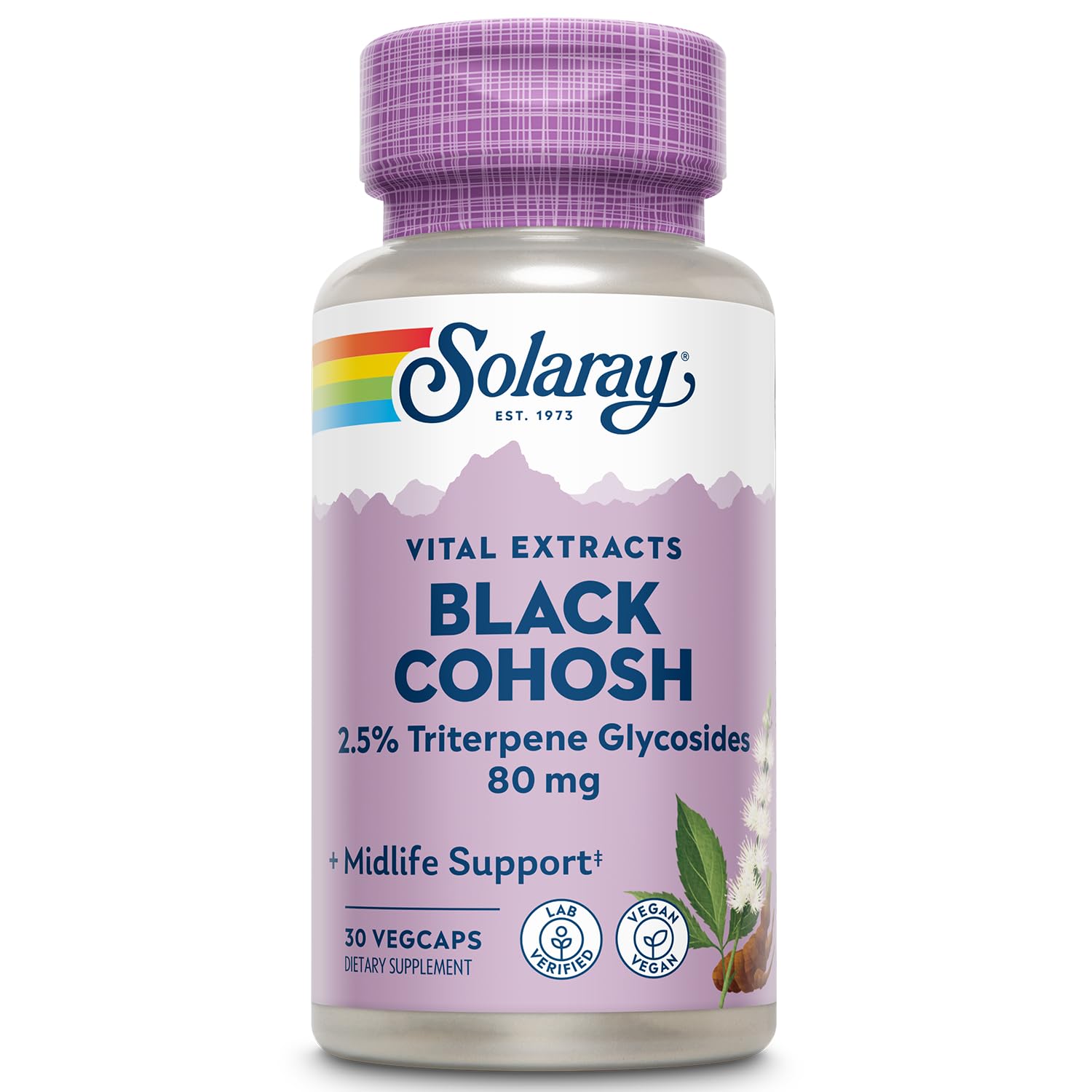 SOLARAY cimifuga negra frasco 80 mg para apoyo de la salud femenina durante la menopausia.