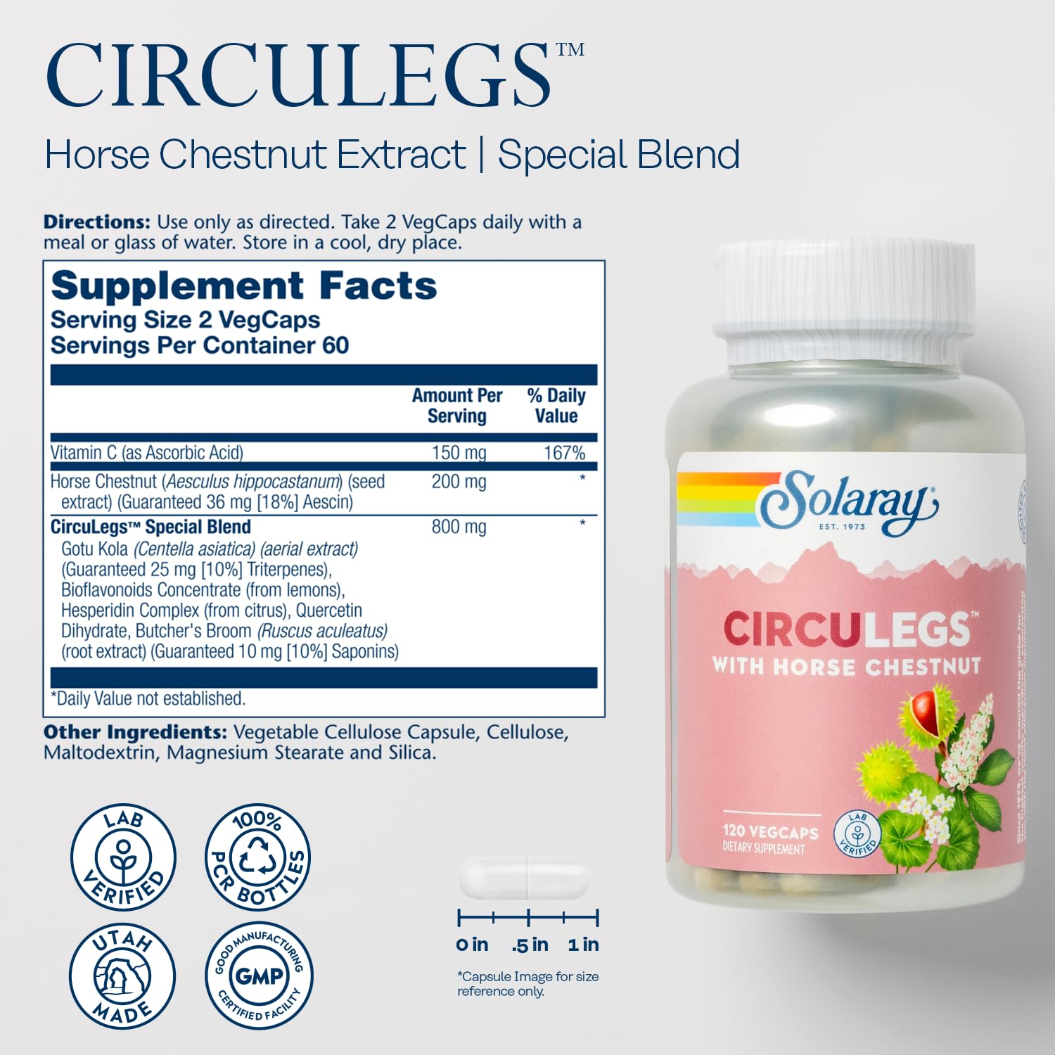 SOLARAY Circulegs: mezcla centella asiática y vitamina C para apoyo general.