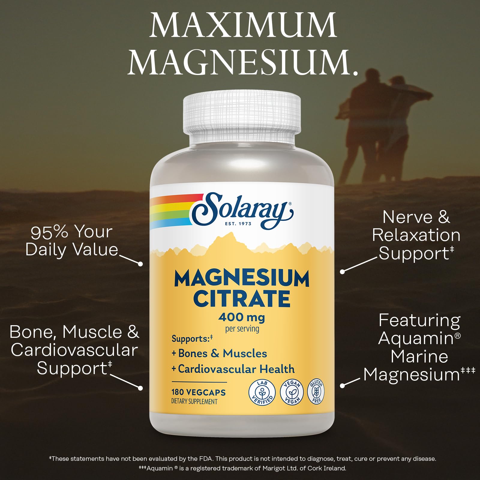 SOLARAY Citrato de magnesio 400 mg, etiqueta legible: fórmula para salud ósea