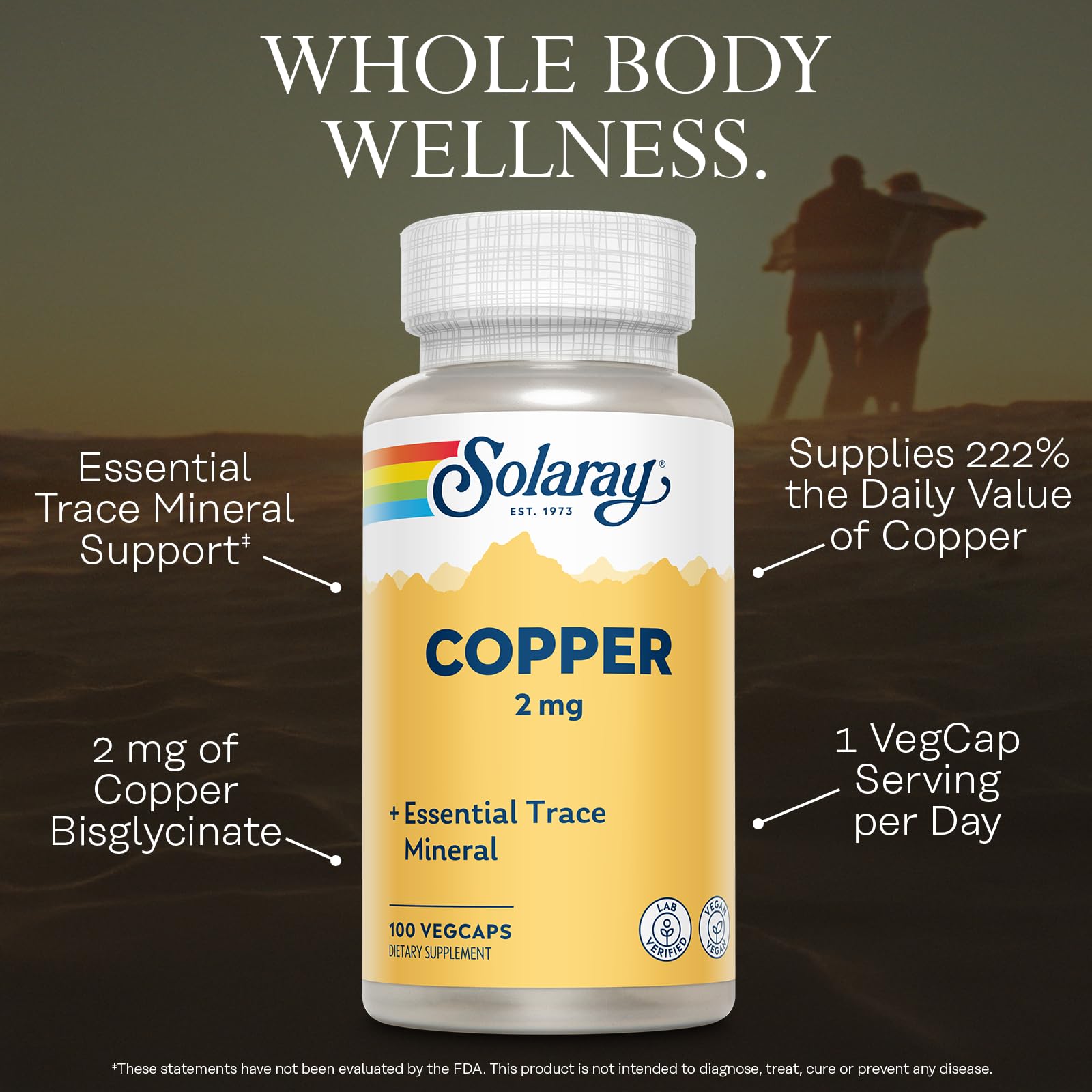 SOLARAY Cobre Bisglicinato 2 mg etiqueta legible para verificar ingredientes.