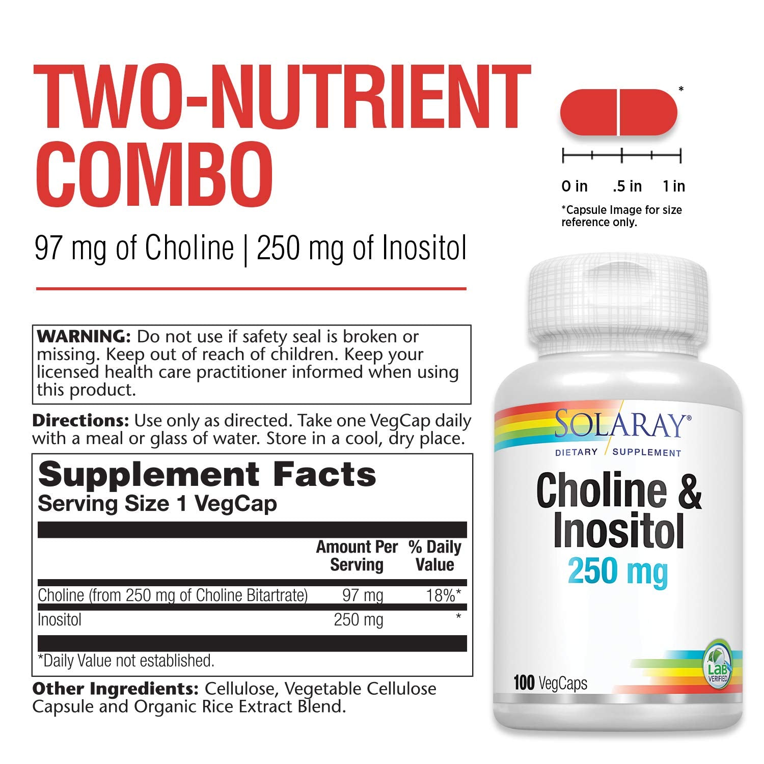 SOLARAY Colina e Inositol 250 mg: etiqueta y frasco destacando ingredientes