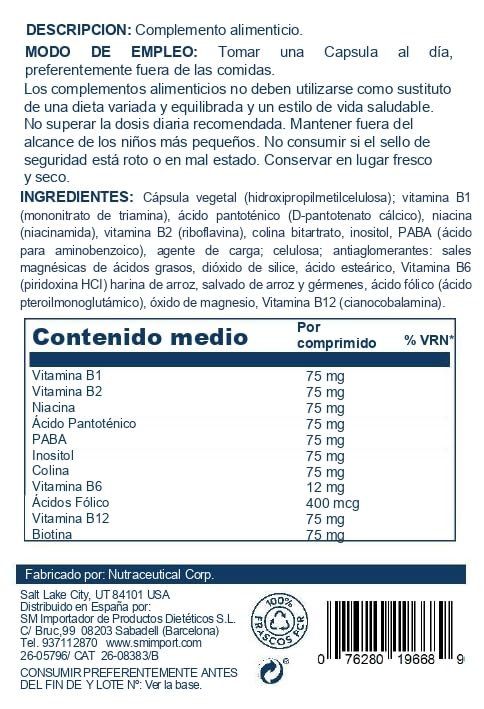 SOLARAY Complejo B etiqueta frontal que resalta beneficios de energía