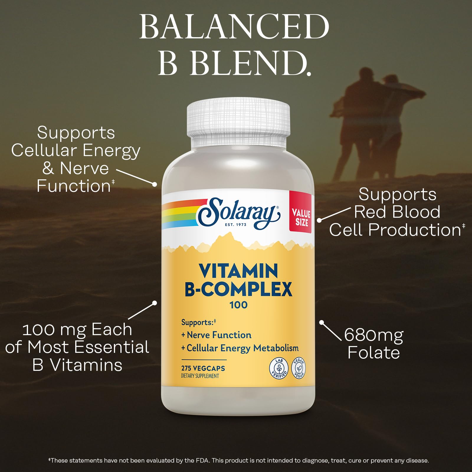 SOLARAY Complejo B ingredientes clave: etiqueta clara con nutrientes esenciales