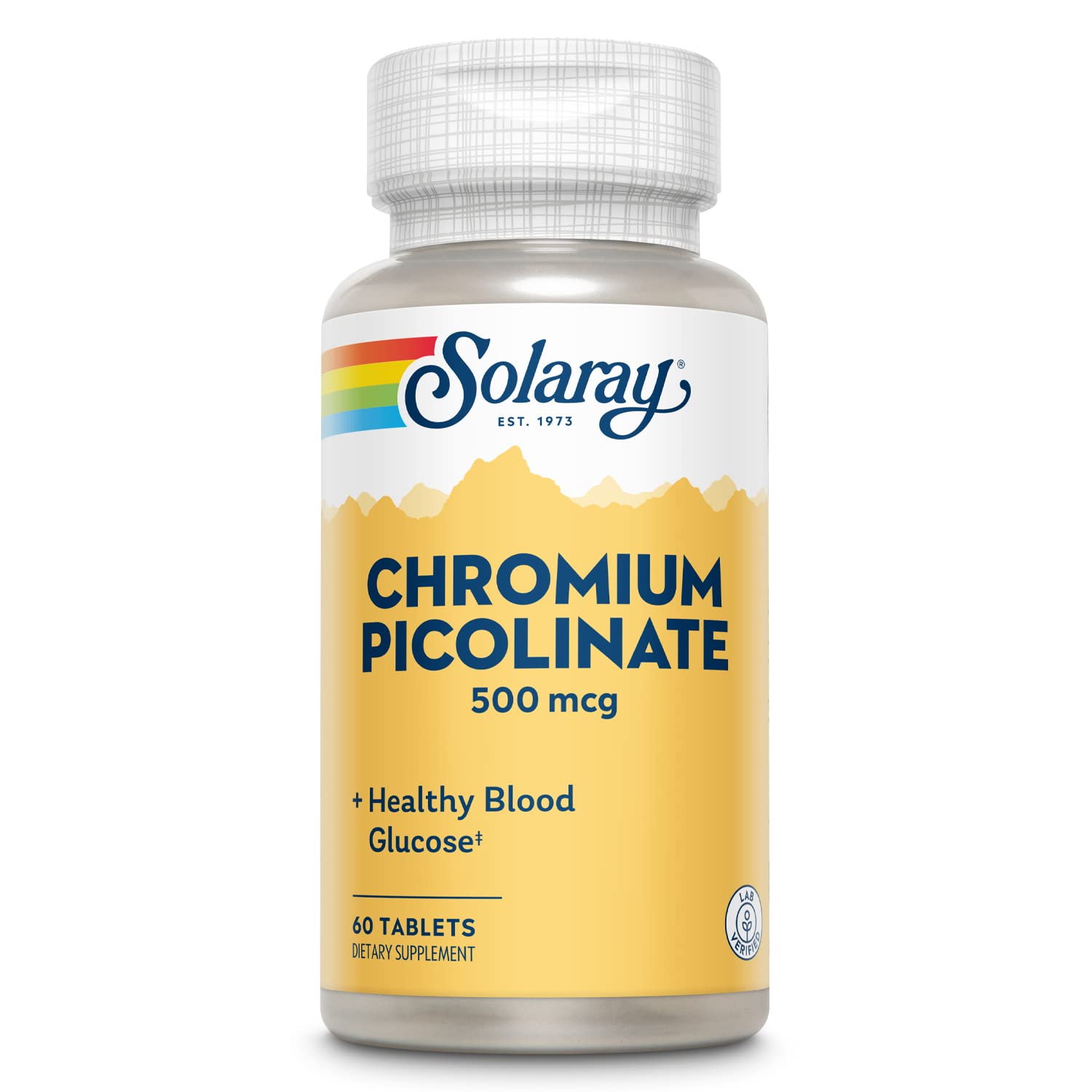 SOLARAY cromio picolinato, vista frontal de la botella, apoyo al metabolismo diario.