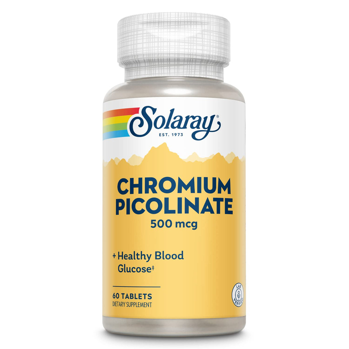 SOLARAY cromio picolinato, vista frontal de la botella, apoyo al metabolismo diario.