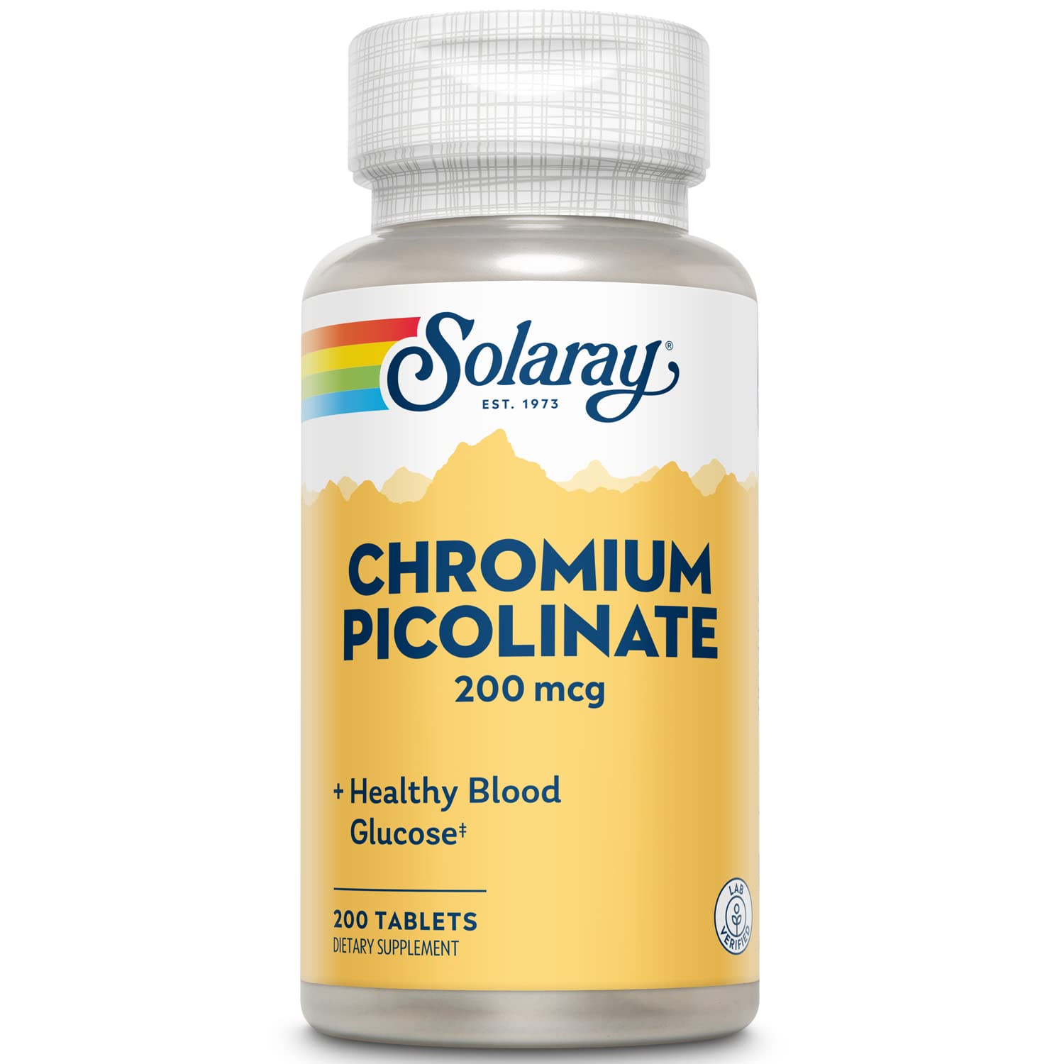 SOLARAY cromio picolinato tableta 200 mcg, etiqueta frontal, opción de apoyo metabólico diario