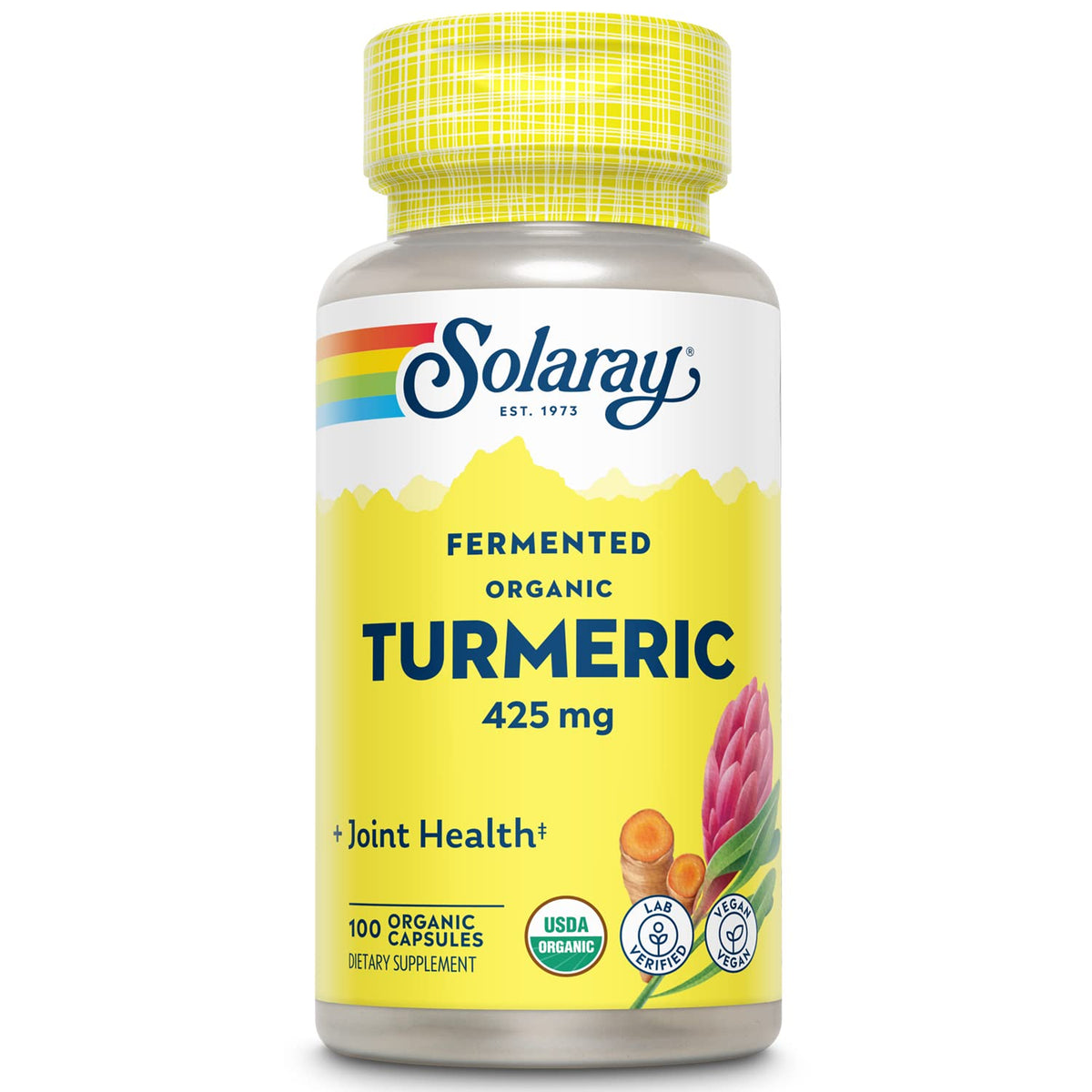 SOLARAY Cúrcuma Fermentada, botella de 500 mg para apoyar bienestar general.