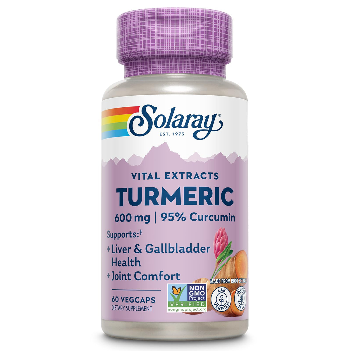 SOLARAY Curcumina 600mg frontal: cápsulas doradas para uso diario.