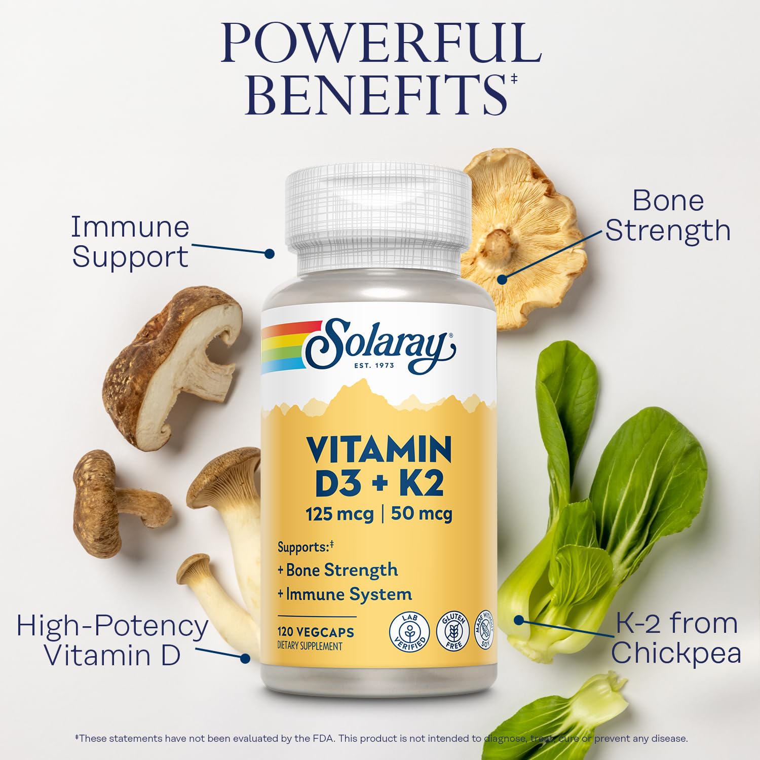 Etiqueta Solaray D3 K2 con dosis clara de 125 mcg y 50 mcg