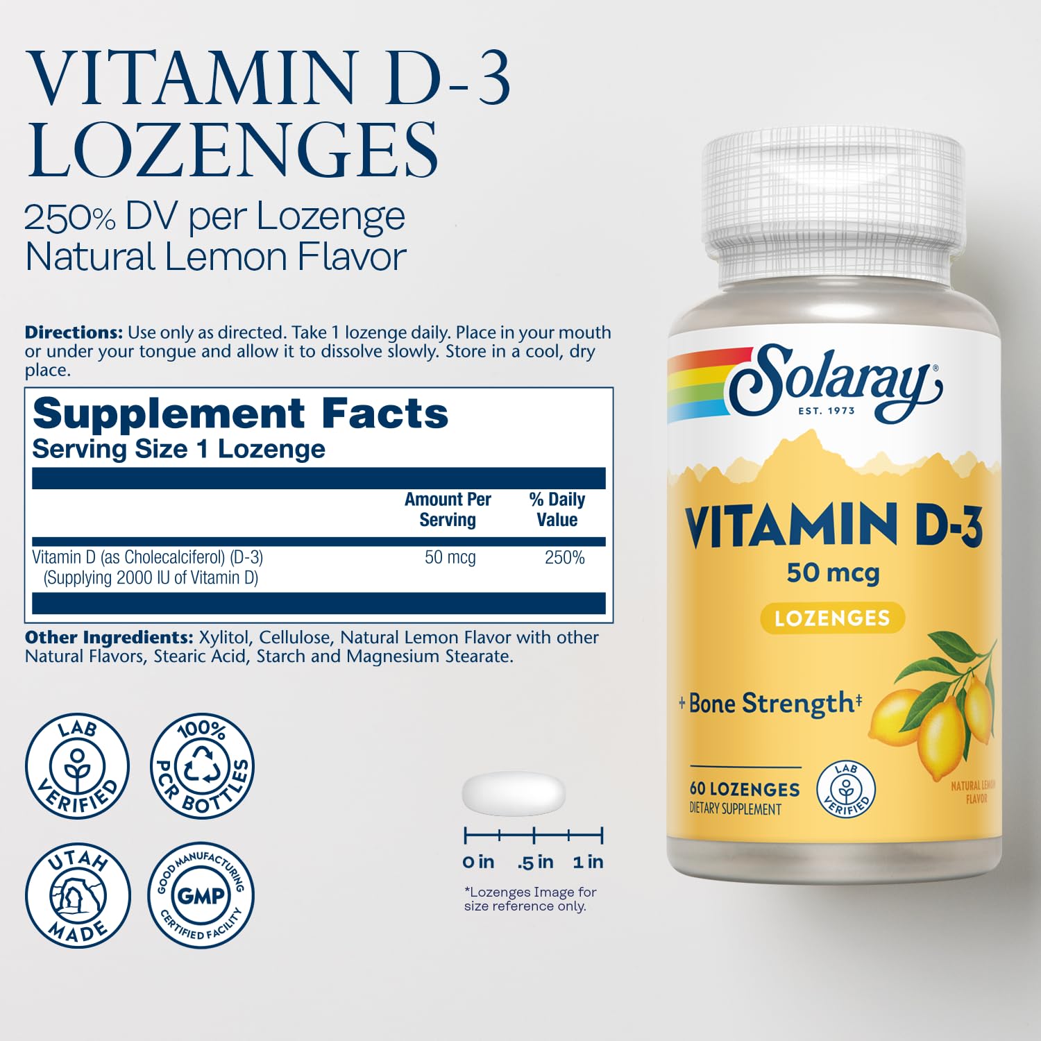 SOLARAY D3 pastillas sabor limón, fáciles de tomar y sabrosas.