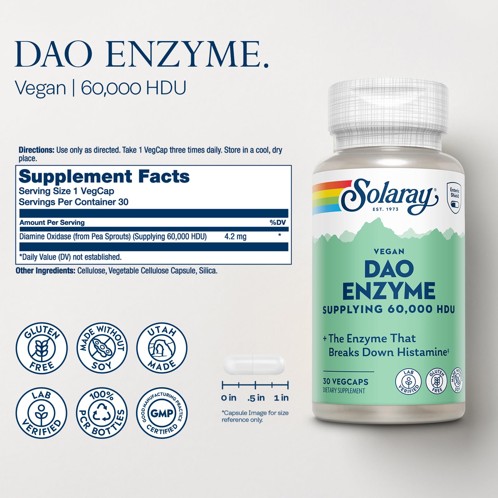 SOLARAY DAO Enzyme cápsulas en envase: uso práctico para apoyar la digestión en comidas grandes.