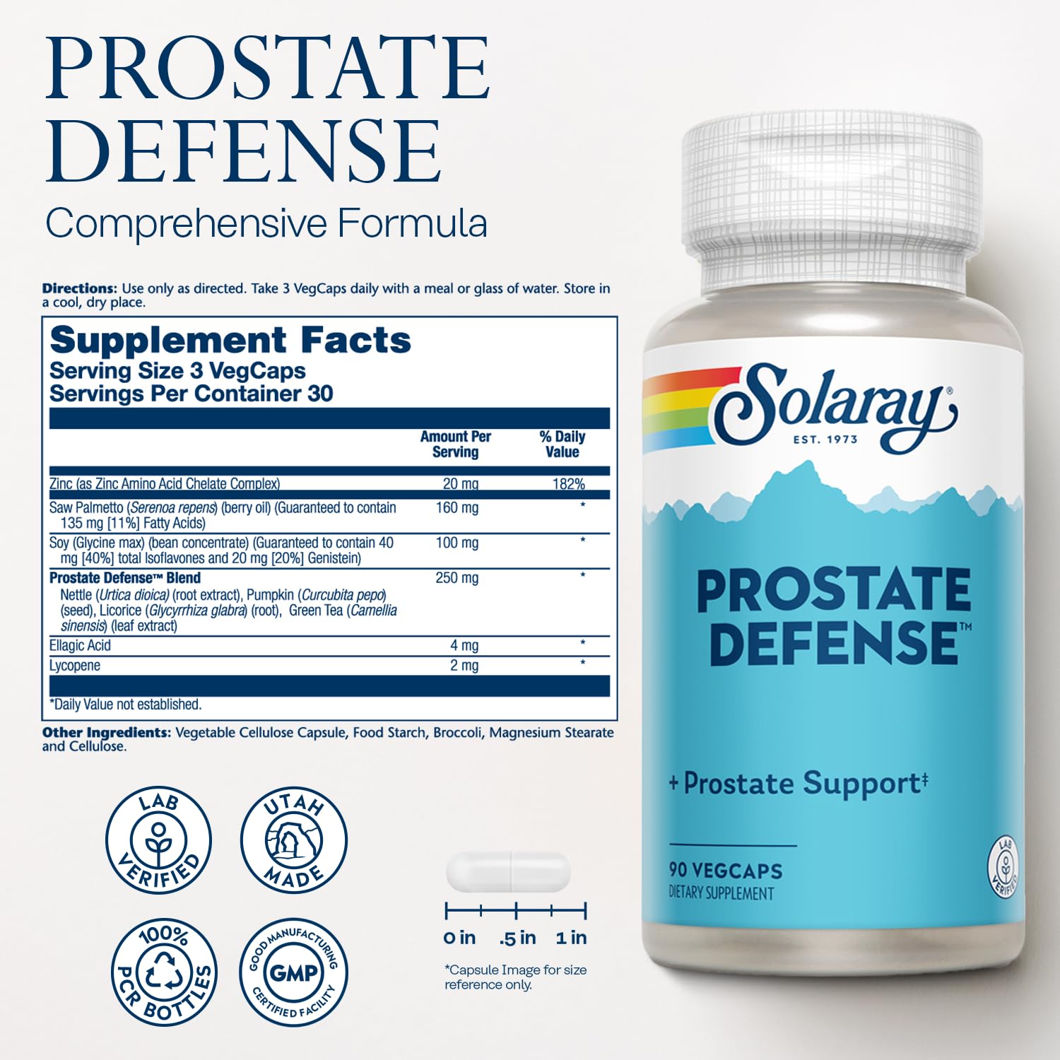 Solaray Defensa de la Próstata, cápsulas vegetales fáciles de ingerir para uso diario.