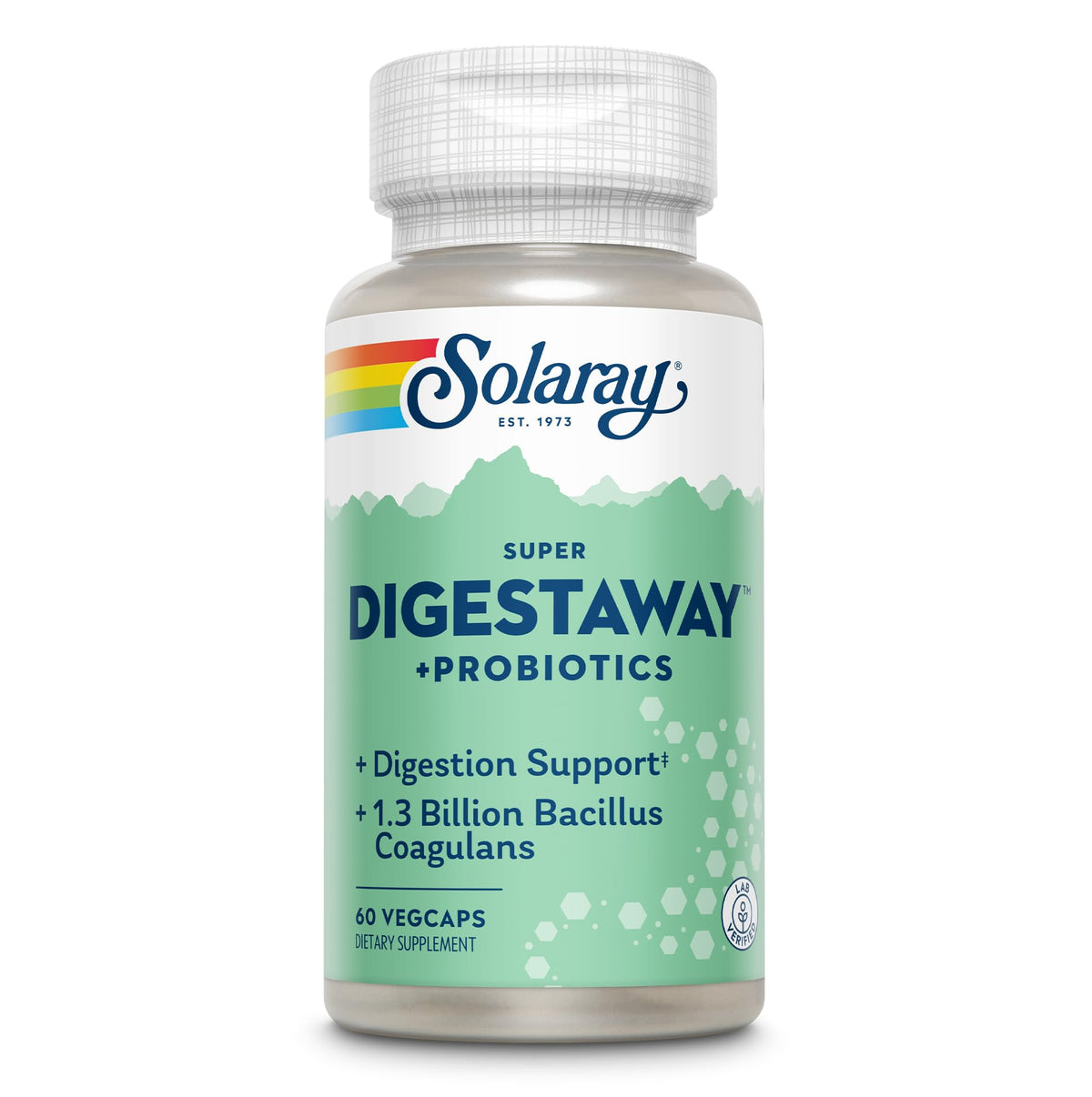 SOLARAY Digestaway, botella-cápsulas, posible apoyo digestivo tras comidas abundantes.