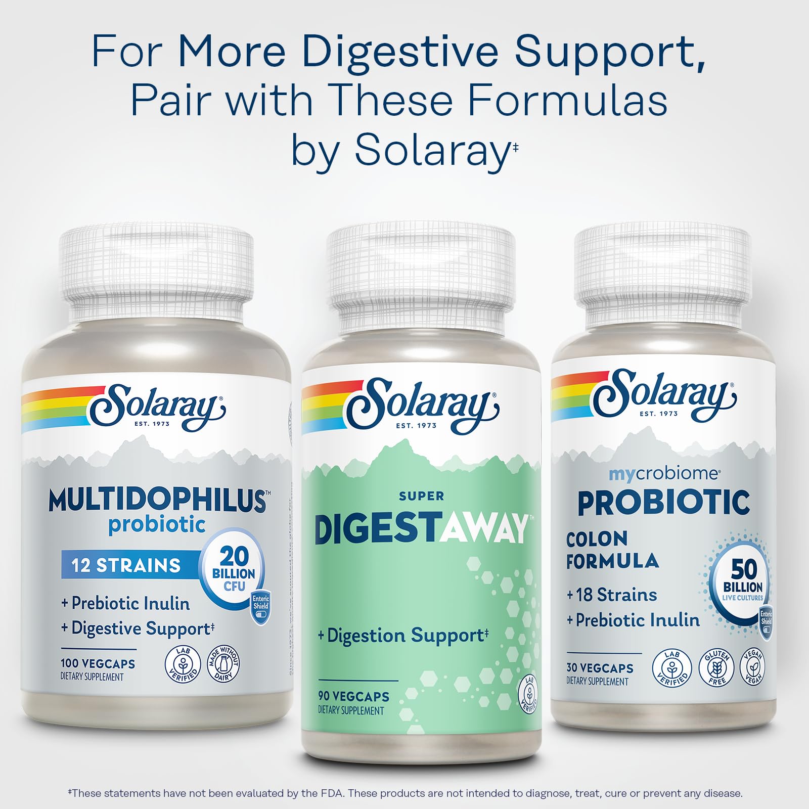 Presentación frontal de SOLARAY Digestaway, muestra facilidad de uso diario y digestión.
