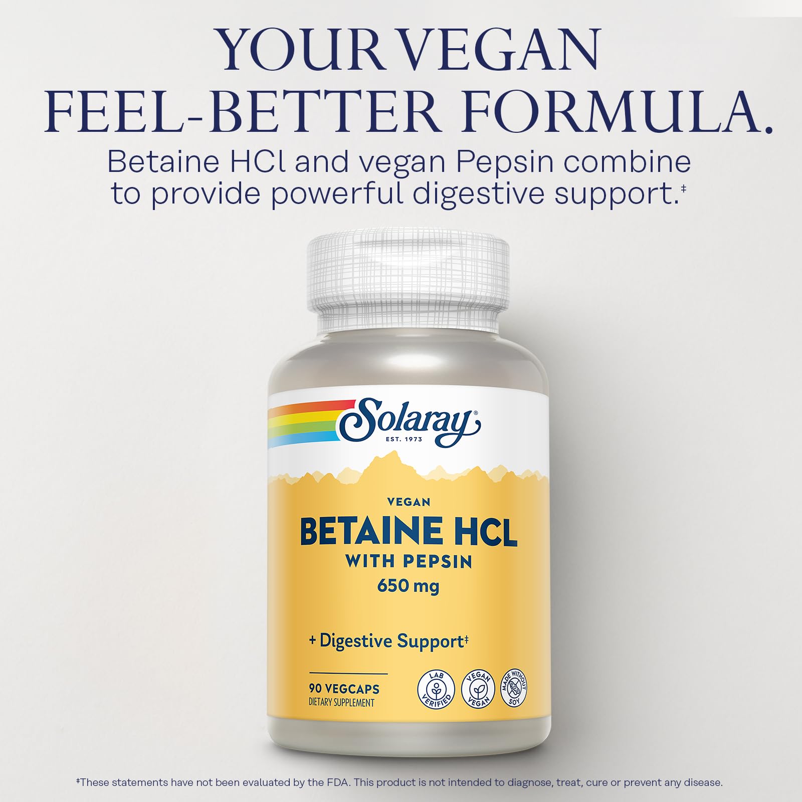 SOLARAY Digestivo Betaine HCl con Pepsina: apoyo diario a proteínas y nutrientes.
