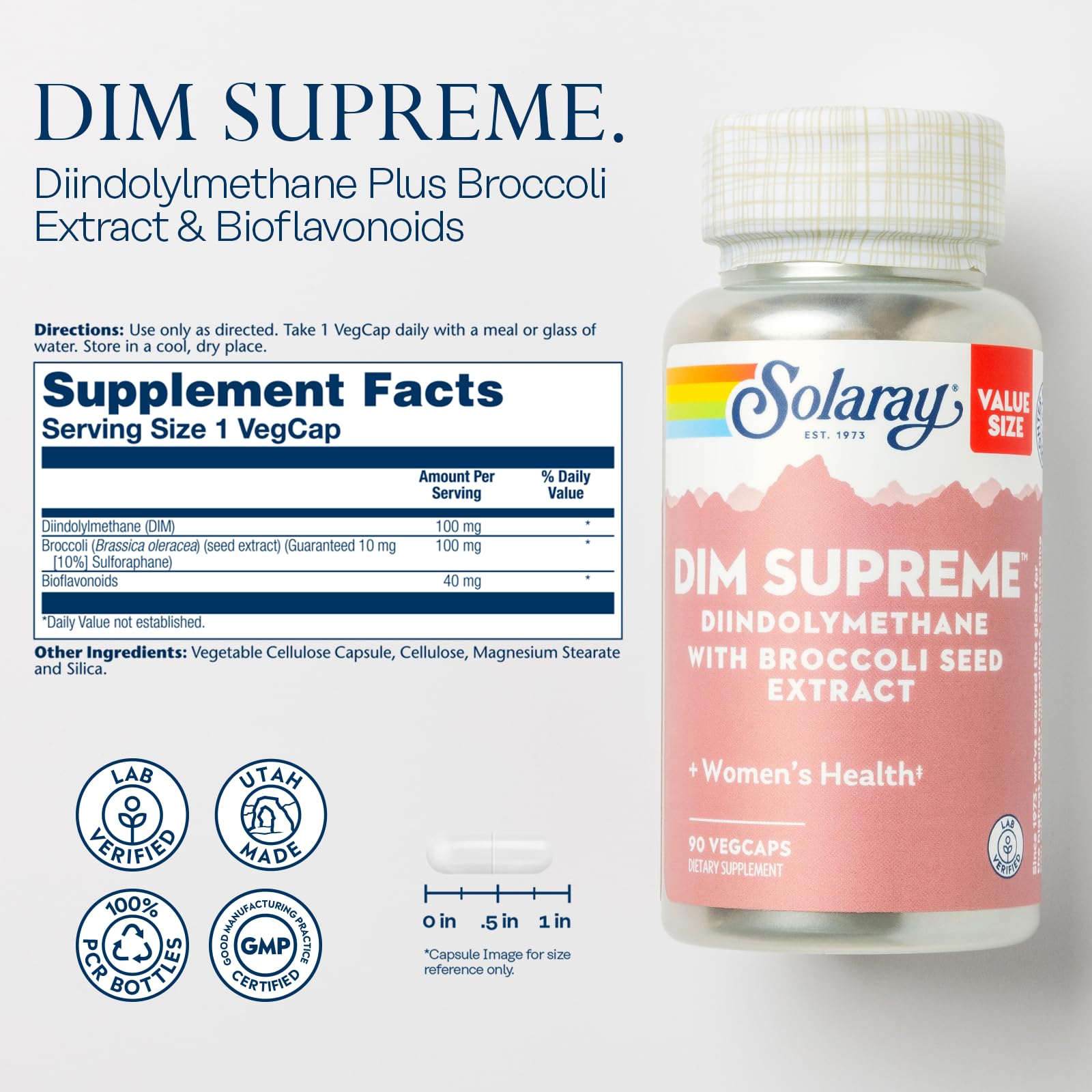 SOLARAY DIM Supreme, ingredientes DIM y brócoli para un soporte avanzado.