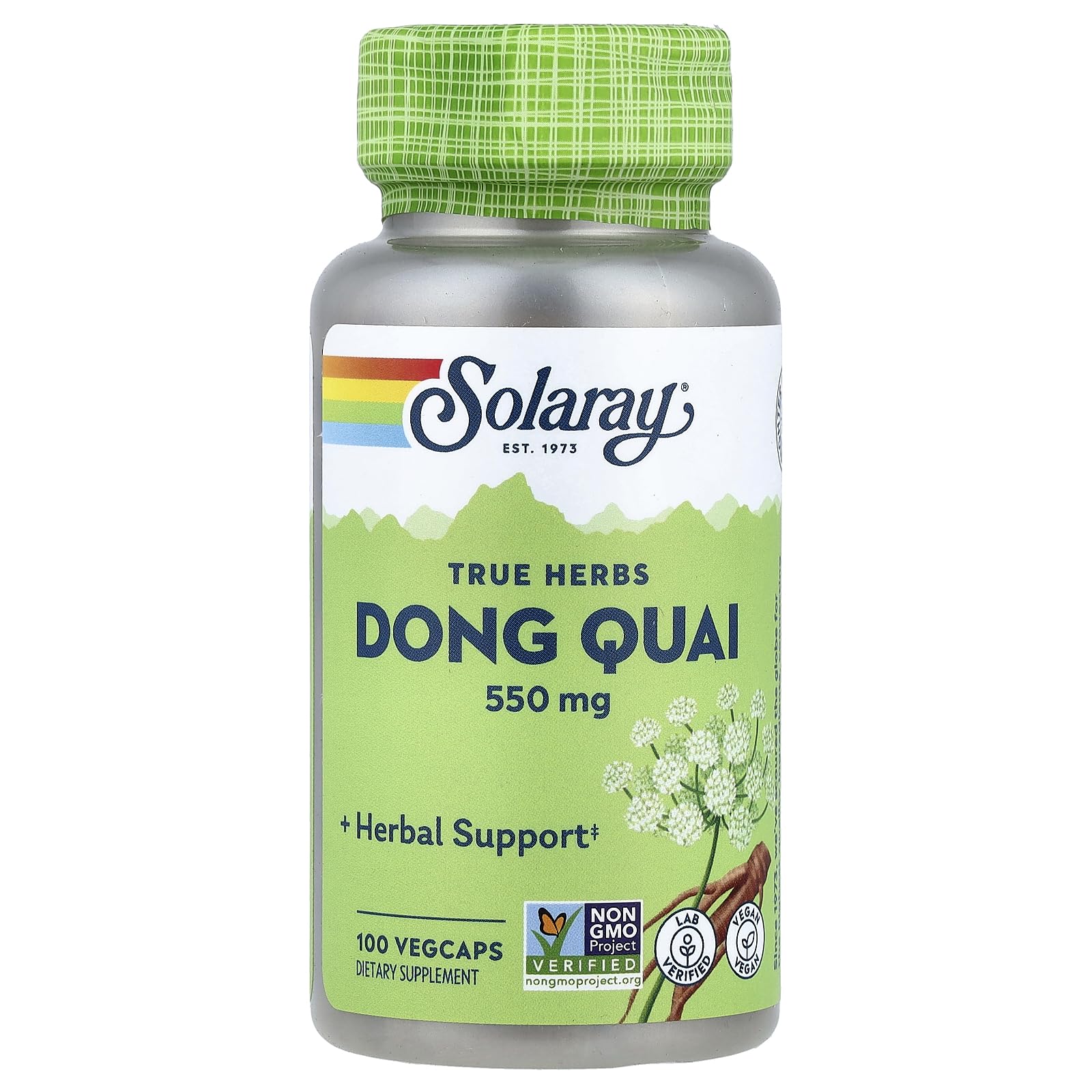 SOLARAY Dong Quai 550 mg, empaque visible, apoyo potencial para la salud femenina