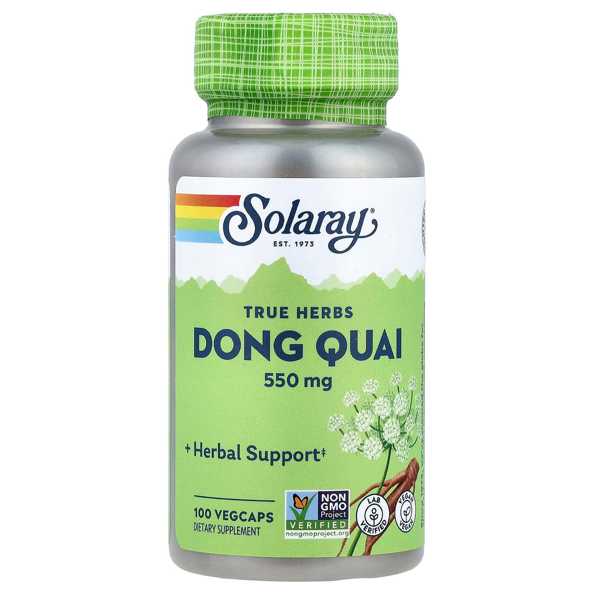SOLARAY Dong Quai 550 mg, empaque visible, apoyo potencial para la salud femenina