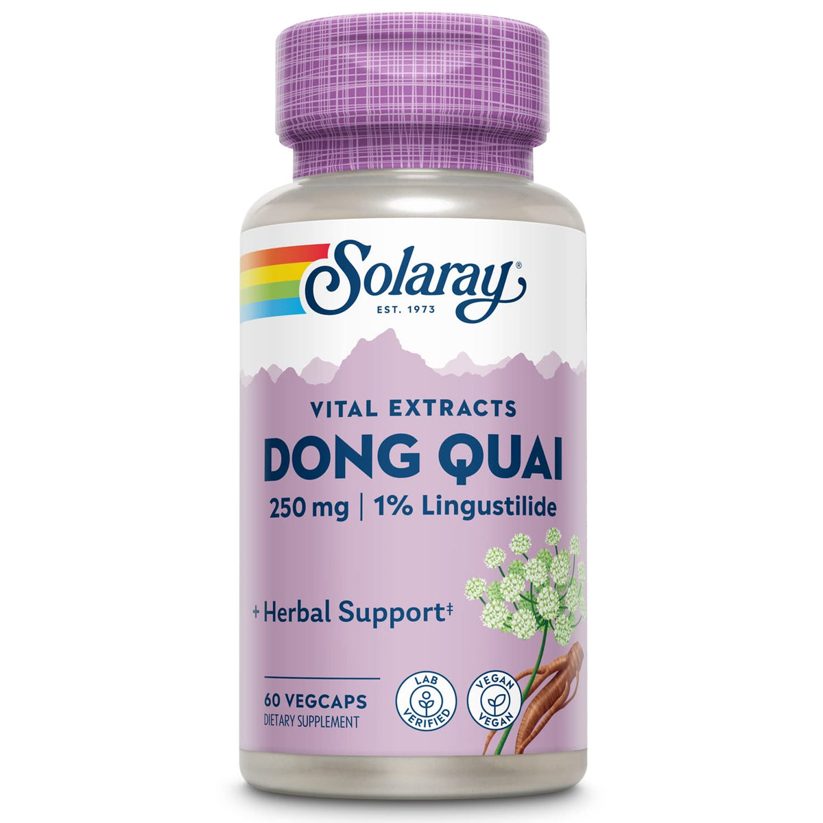 Solaray Dong Quai, botella: extracto para equilibrio diario y bienestar.