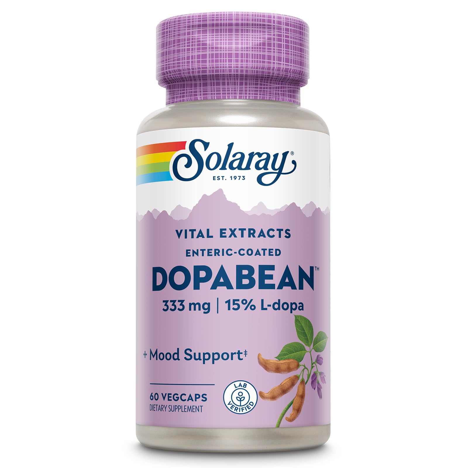 SOLARAY Dopabean botella-dosis muestra la dosificación diaria para tu bienestar
