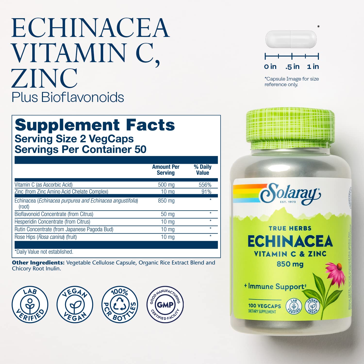 Etiqueta SOLARAY Echinacea con detalles de Vitamina C y Zinc