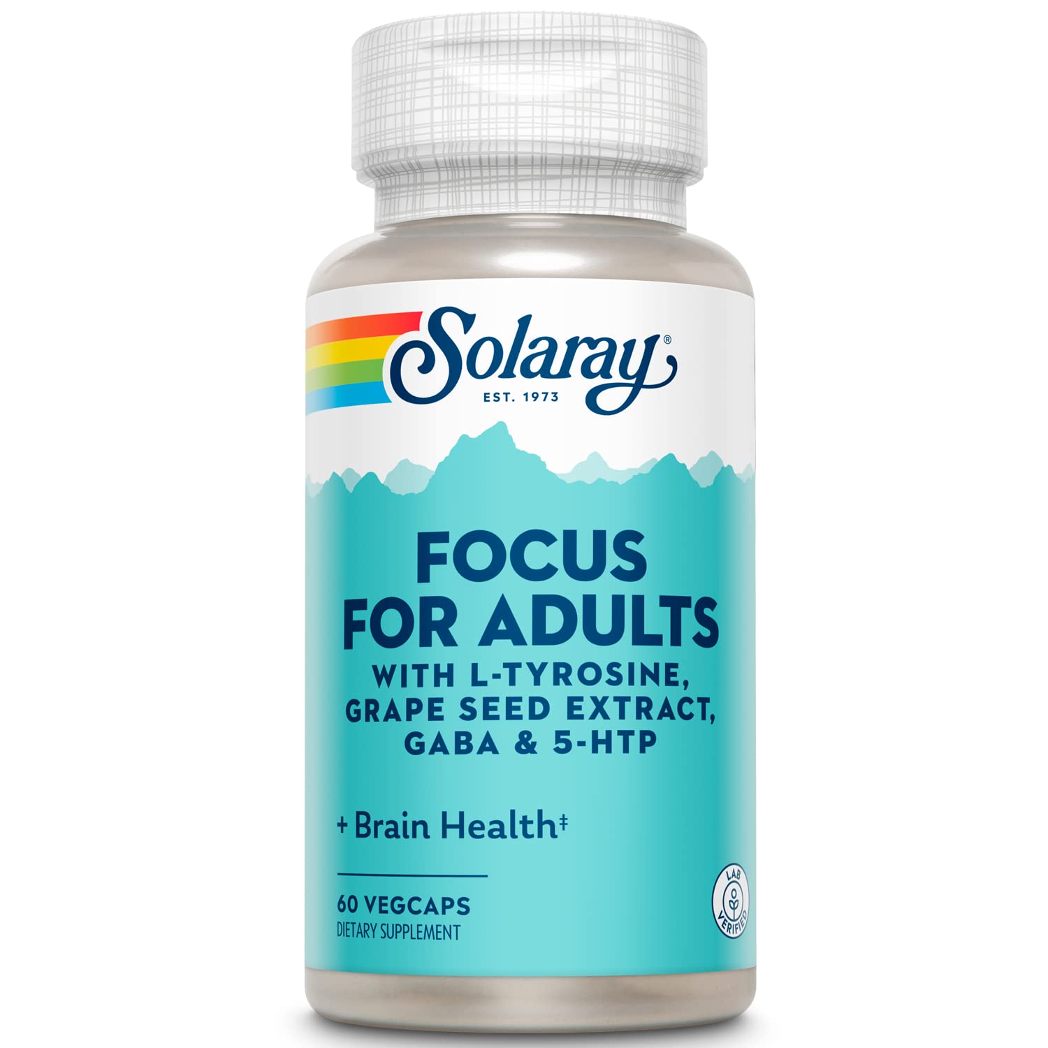 SOLARAY Enfoque para Adultos, botella, apoyo a la concentración diaria y claridad mental.