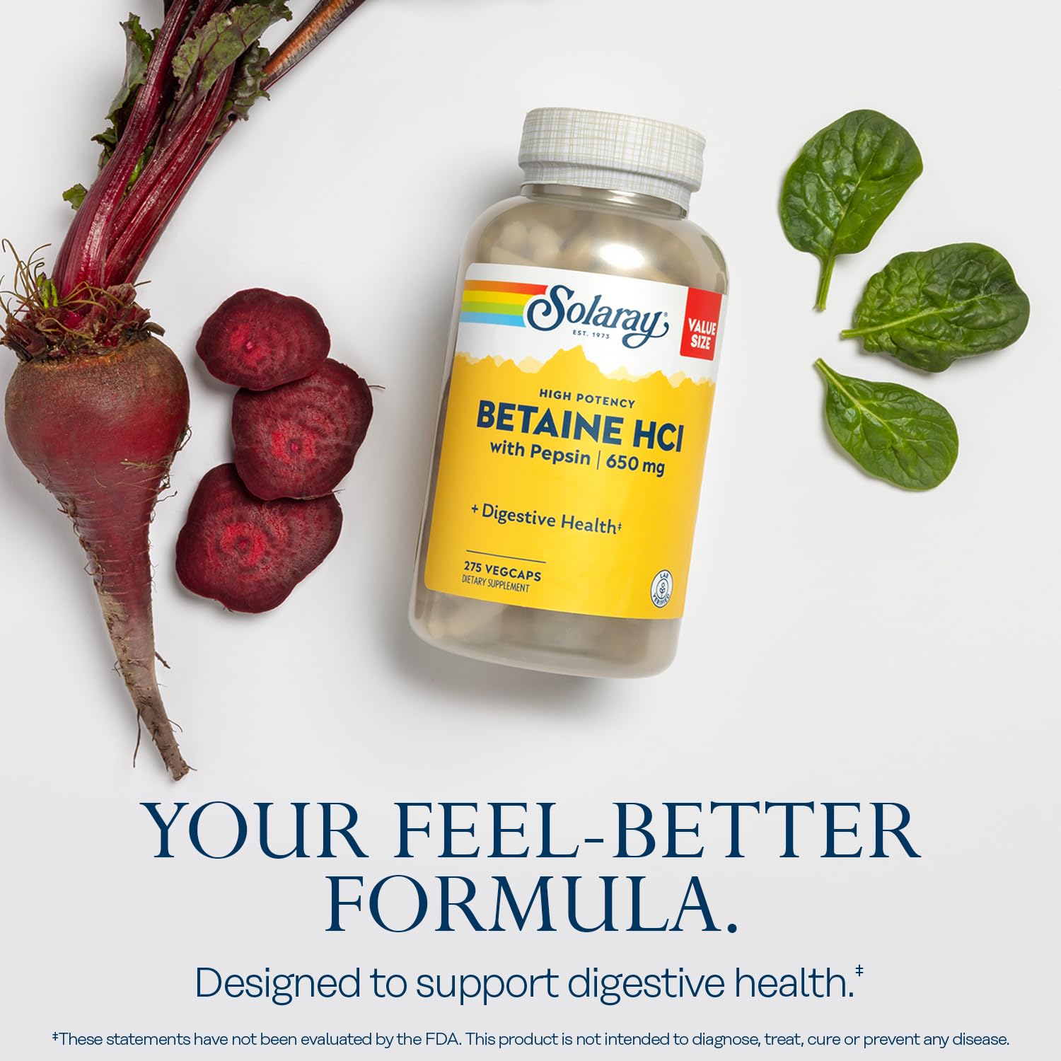 SOLARAY Betaína HCl con Pepsina: etiqueta con detalles de ingredientes y beneficios.